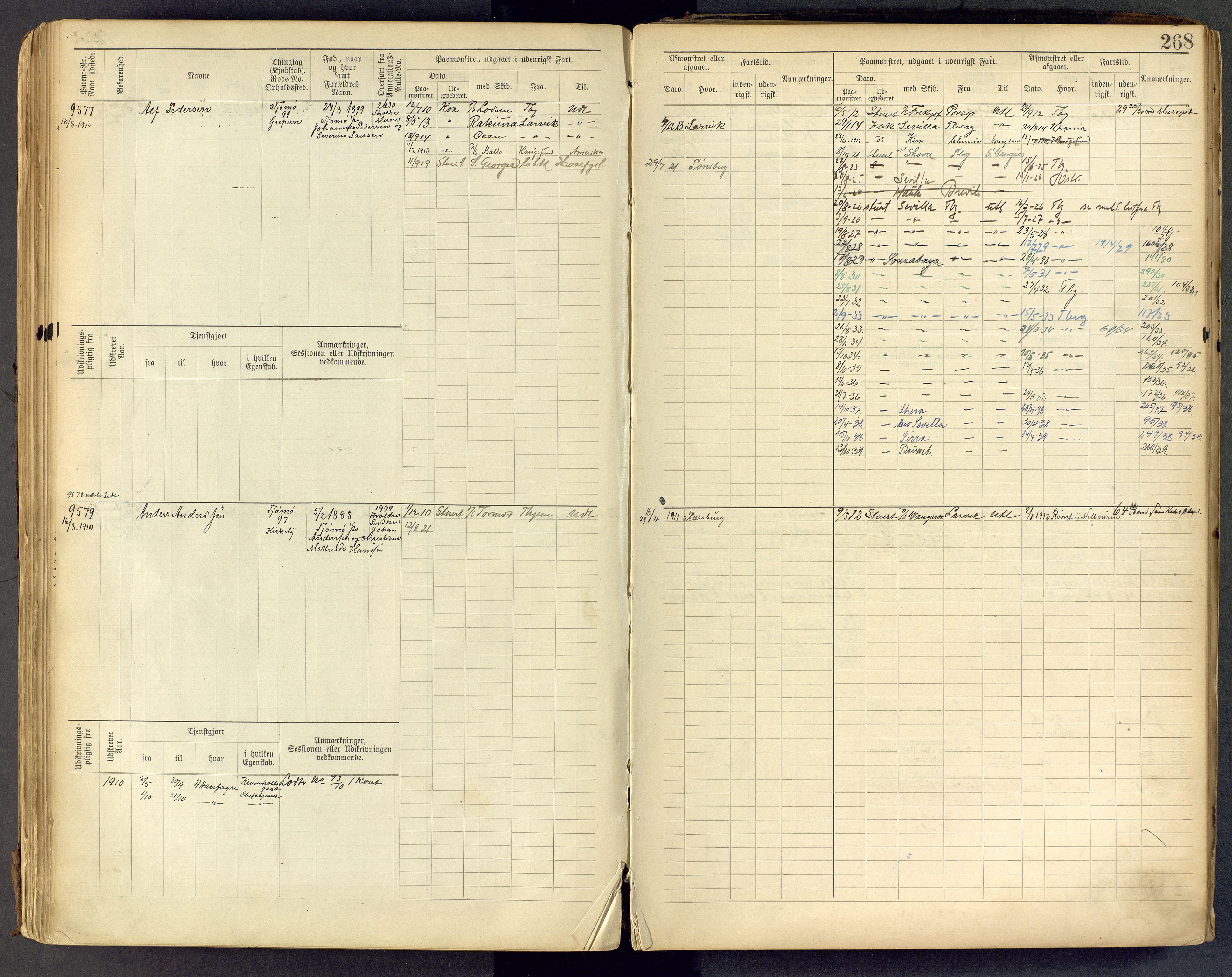 Tønsberg innrulleringskontor, AV/SAKO-A-786/F/Fc/Fcb/L0009: Hovedrulle Patent nr. 9043-9992, 1900-1921, p. 268