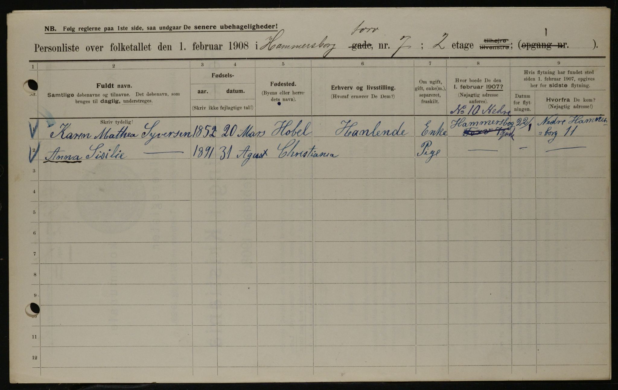 OBA, Municipal Census 1908 for Kristiania, 1908, p. 31106