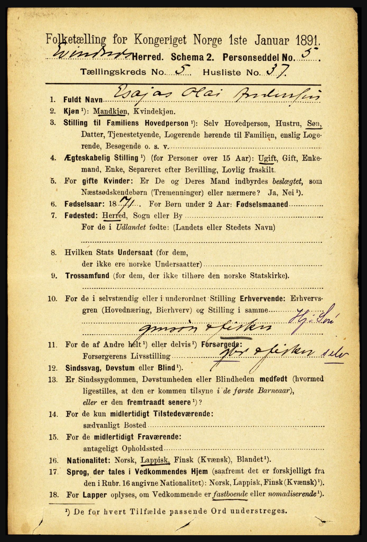 RA, 1891 census for 1853 Evenes, 1891, p. 1878