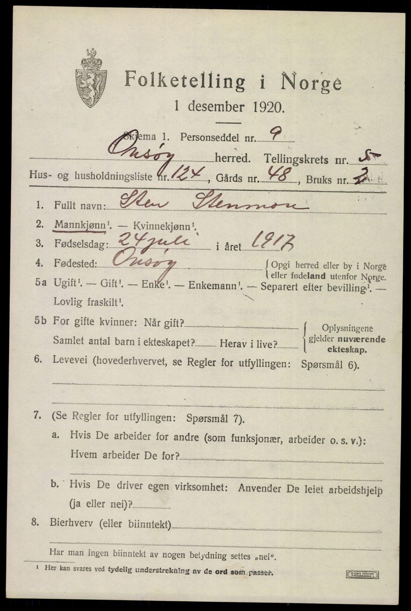 SAO, 1920 census for Onsøy, 1920, p. 8402