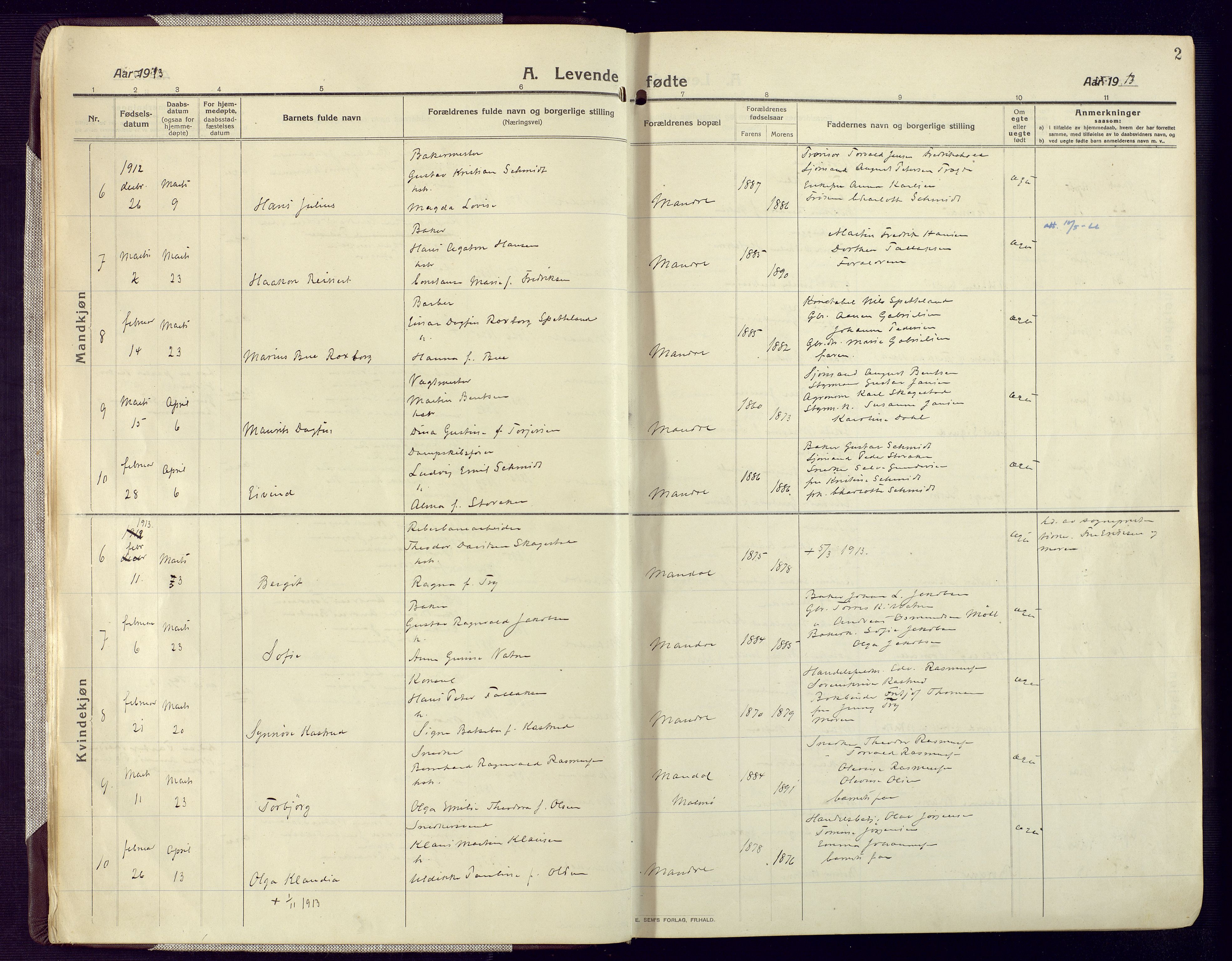 Mandal sokneprestkontor, SAK/1111-0030/F/Fa/Fac/L0001: Parish register (official) no. A 1, 1913-1925, p. 2
