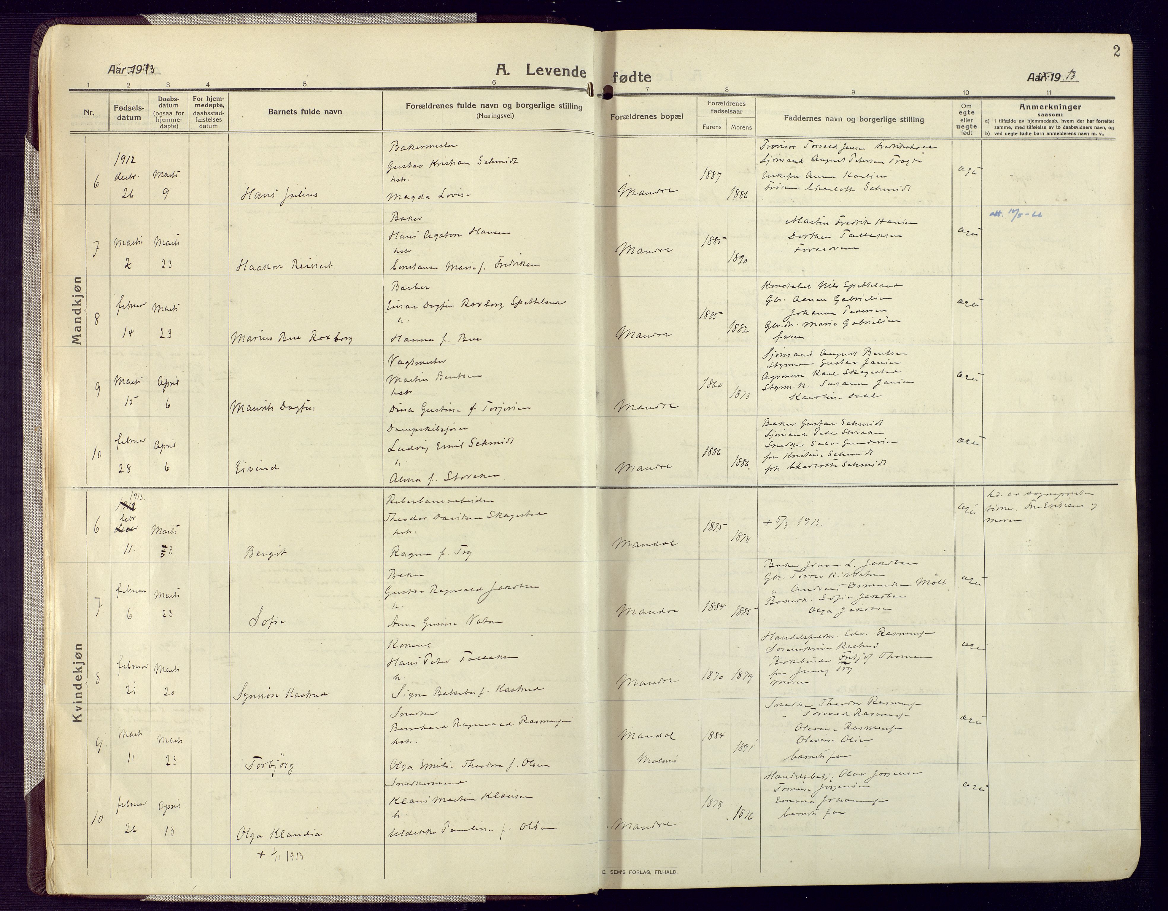 Mandal sokneprestkontor, AV/SAK-1111-0030/F/Fa/Fac/L0001: Parish register (official) no. A 1, 1913-1925, p. 2