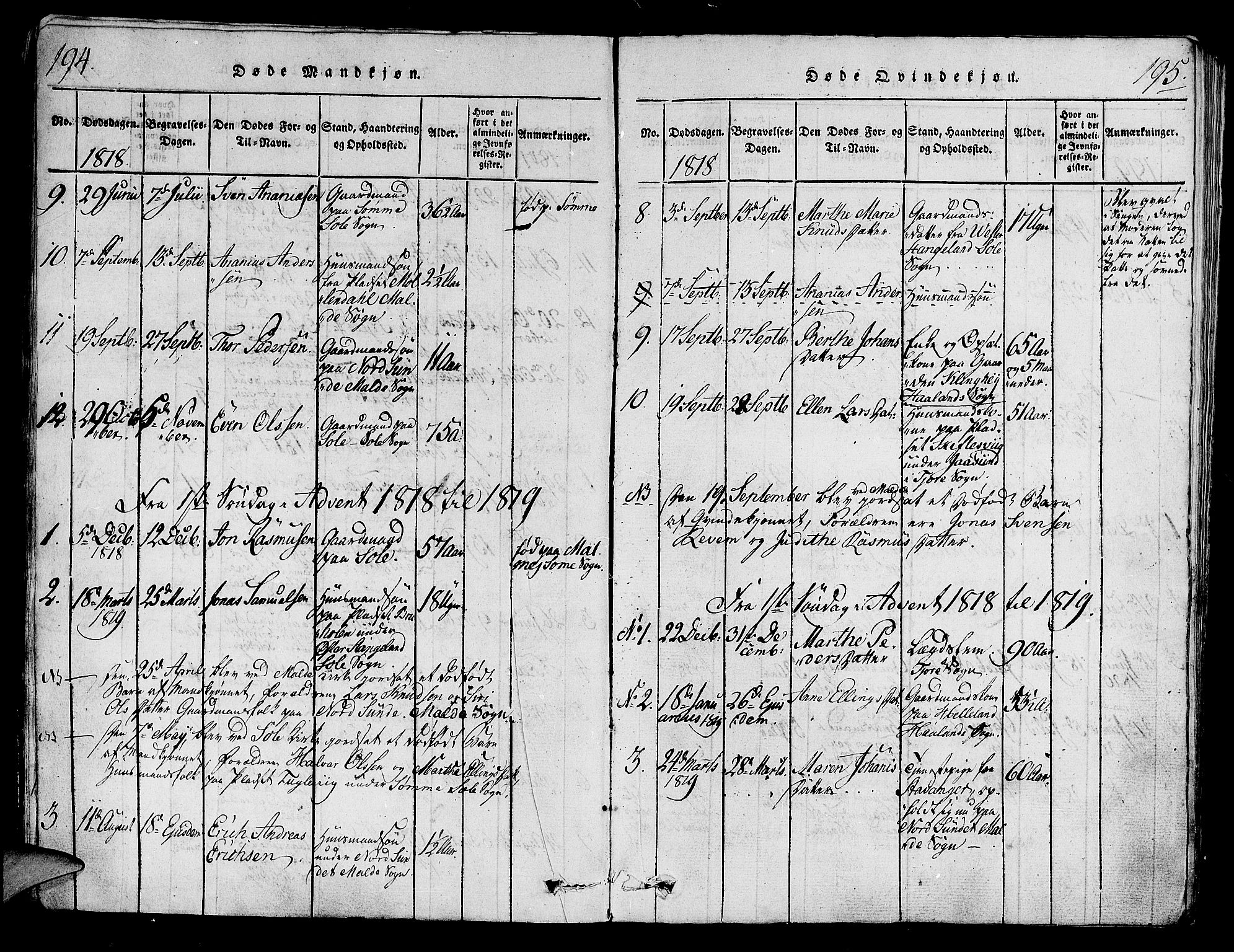 Håland sokneprestkontor, AV/SAST-A-101802/001/30BA/L0004: Parish register (official) no. A 4, 1815-1829, p. 194-195