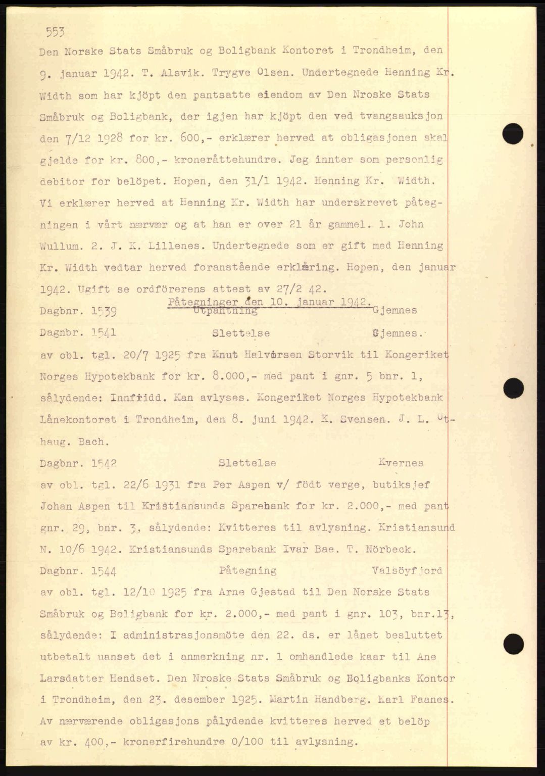 Nordmøre sorenskriveri, AV/SAT-A-4132/1/2/2Ca: Mortgage book no. C81, 1940-1945, Diary no: : 1539/1942