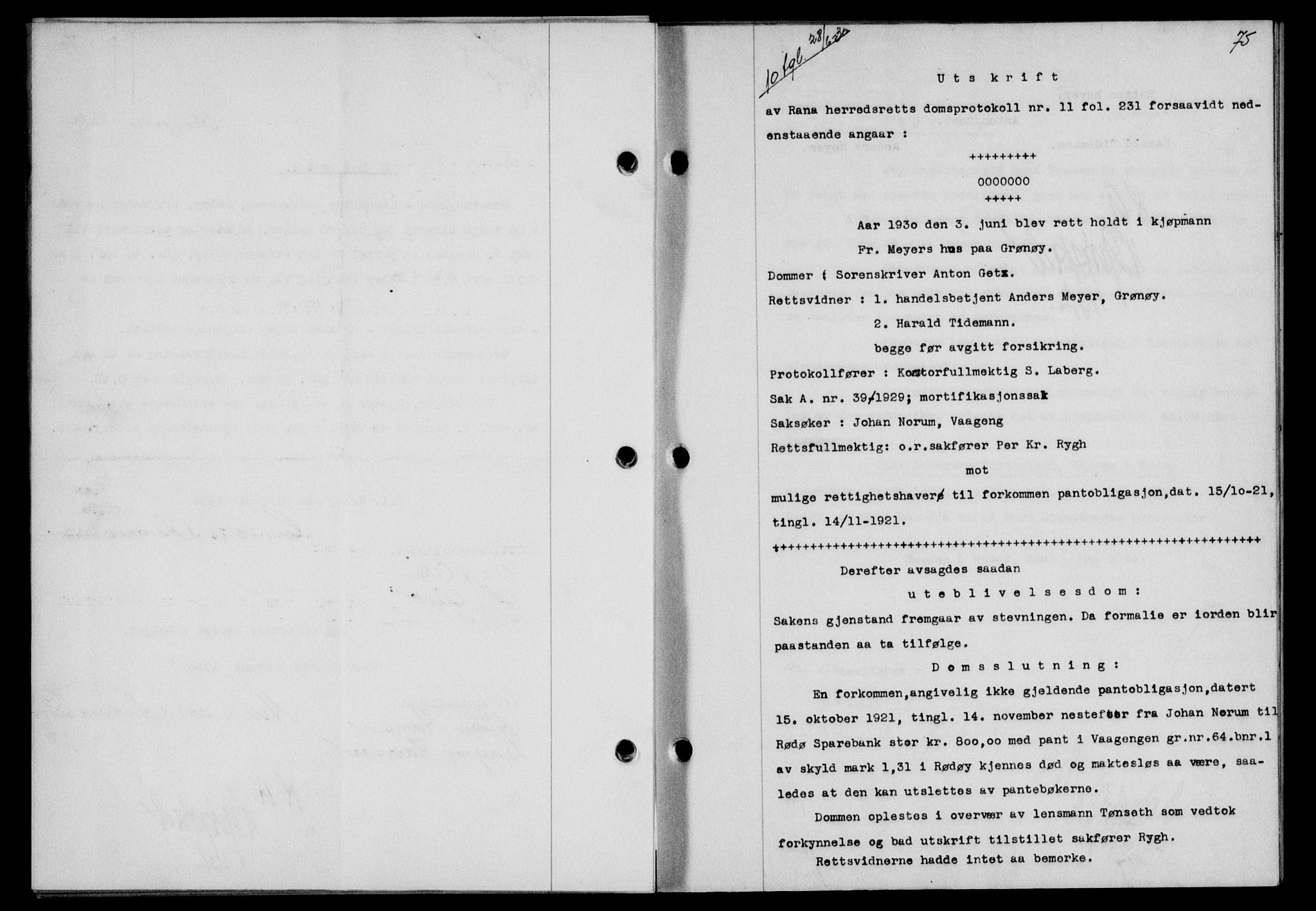 Rana sorenskriveri , SAT/A-1108/1/2/2C/L0024: Mortgage book no. 24-25, 1929-1930, Deed date: 28.06.1930