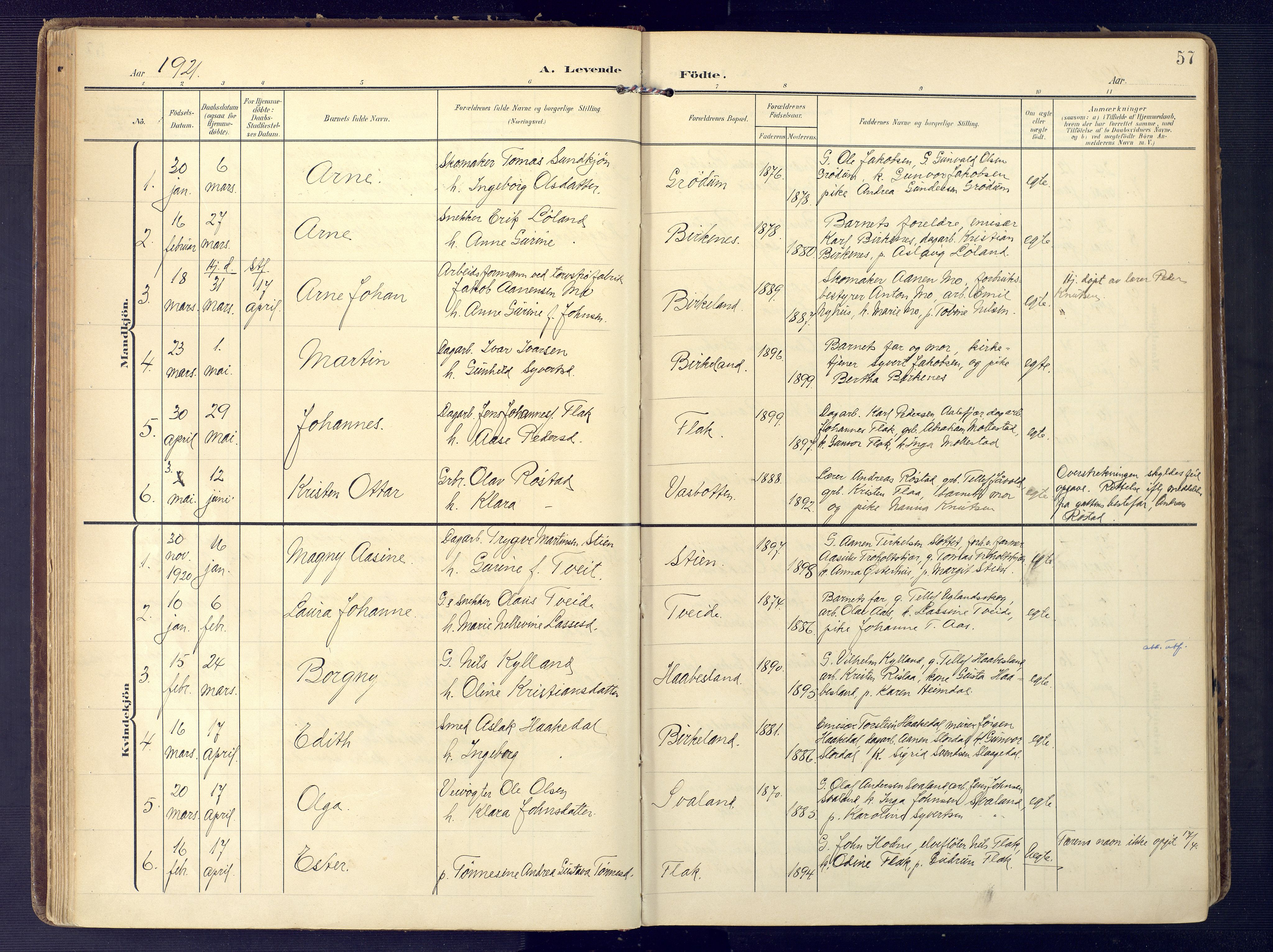 Birkenes sokneprestkontor, SAK/1111-0004/F/Fa/L0006: Parish register (official) no. A 6, 1908-1932, p. 57