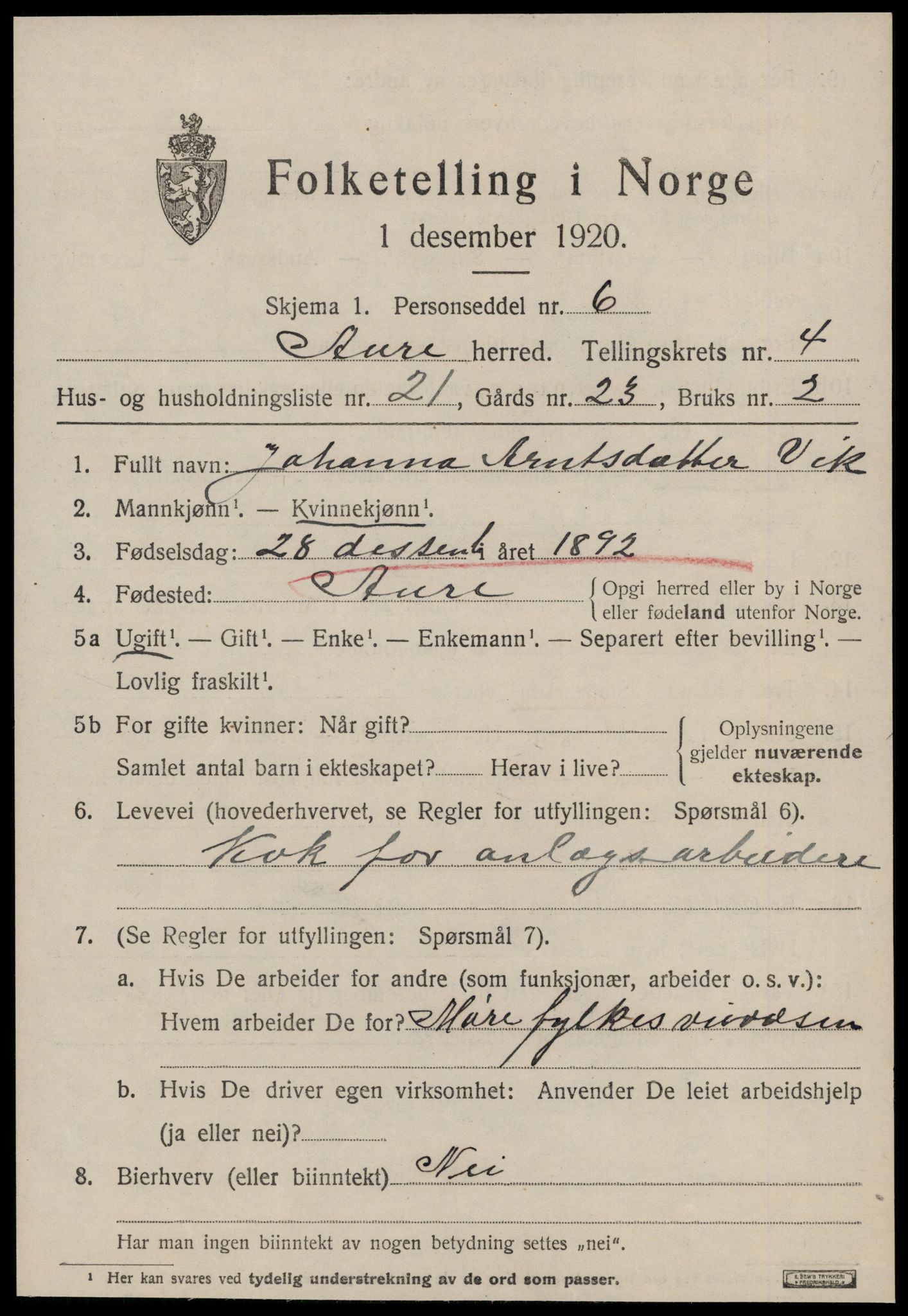 SAT, 1920 census for Aure, 1920, p. 2164