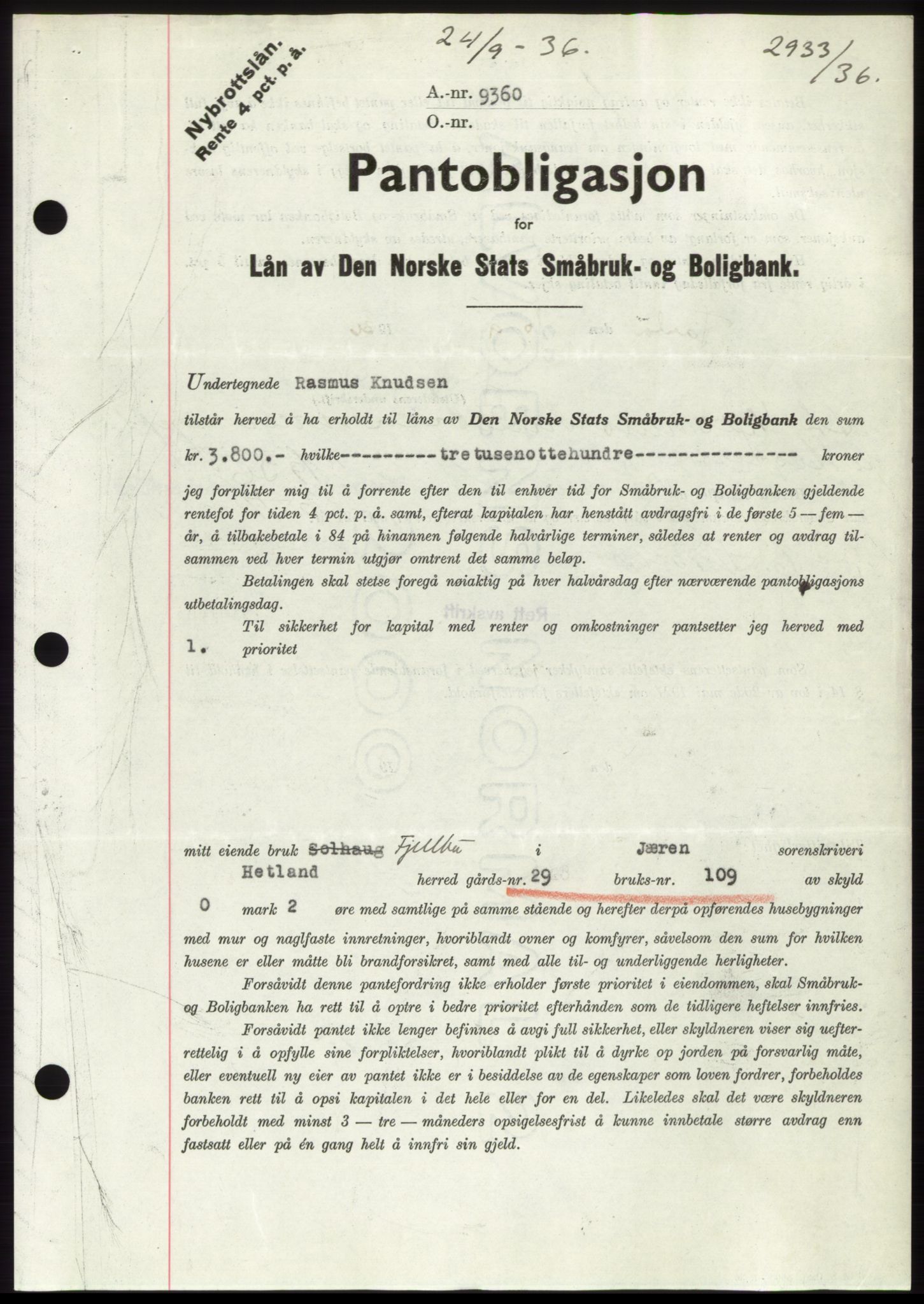 Jæren sorenskriveri, AV/SAST-A-100310/03/G/Gba/L0066: Mortgage book no. 71-72, 1936-1936, Diary no: : 2933/1936