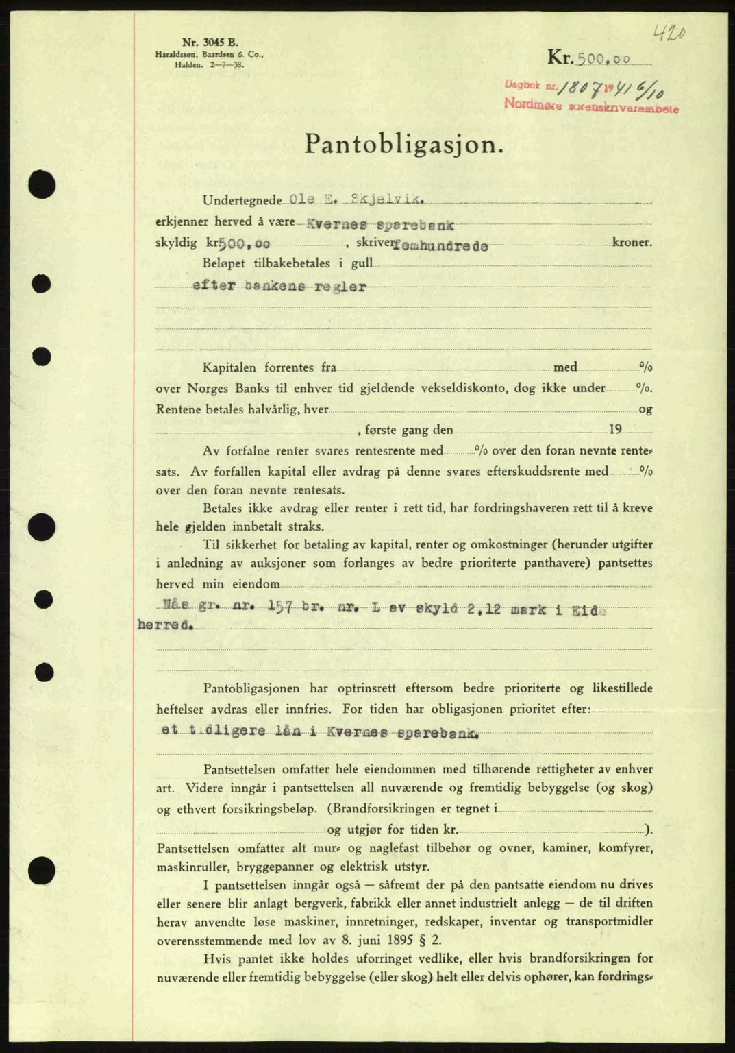 Nordmøre sorenskriveri, AV/SAT-A-4132/1/2/2Ca: Mortgage book no. B88, 1941-1942, Diary no: : 1807/1941