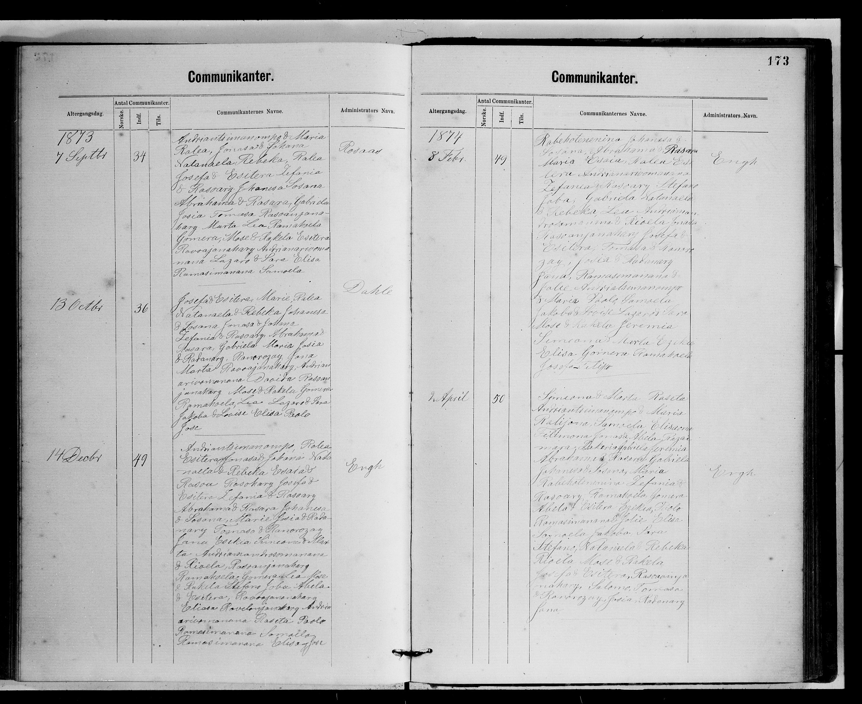 Archives FLM/NMS, Madagaskar, VID/MA-A-1163/D/Db/L0269: Parish register (official) no. 1, 1867-1884, p. 173