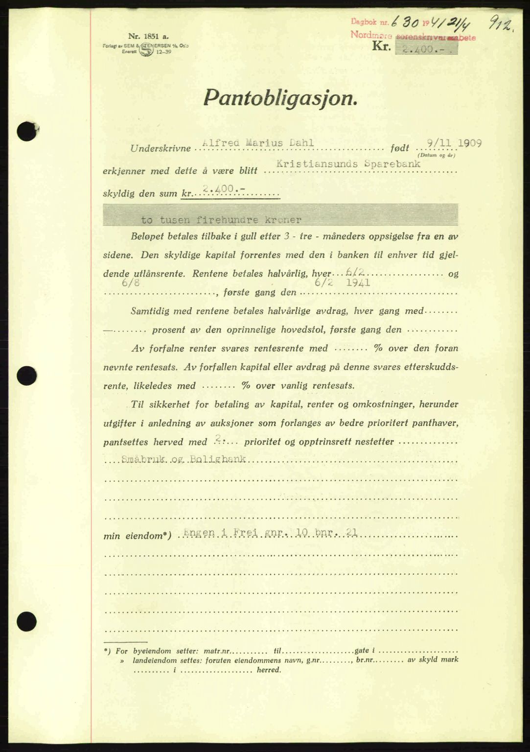 Nordmøre sorenskriveri, AV/SAT-A-4132/1/2/2Ca: Mortgage book no. B87, 1940-1941, Diary no: : 630/1941