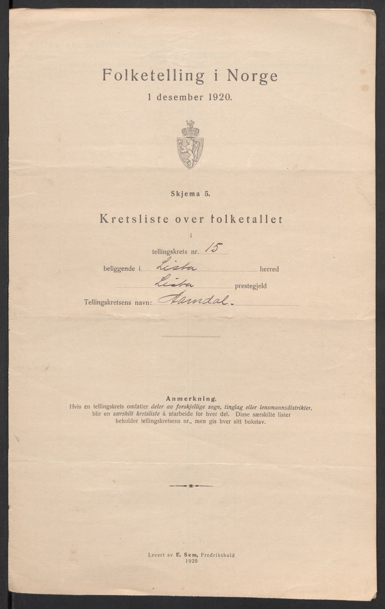 SAK, 1920 census for Lista, 1920, p. 60