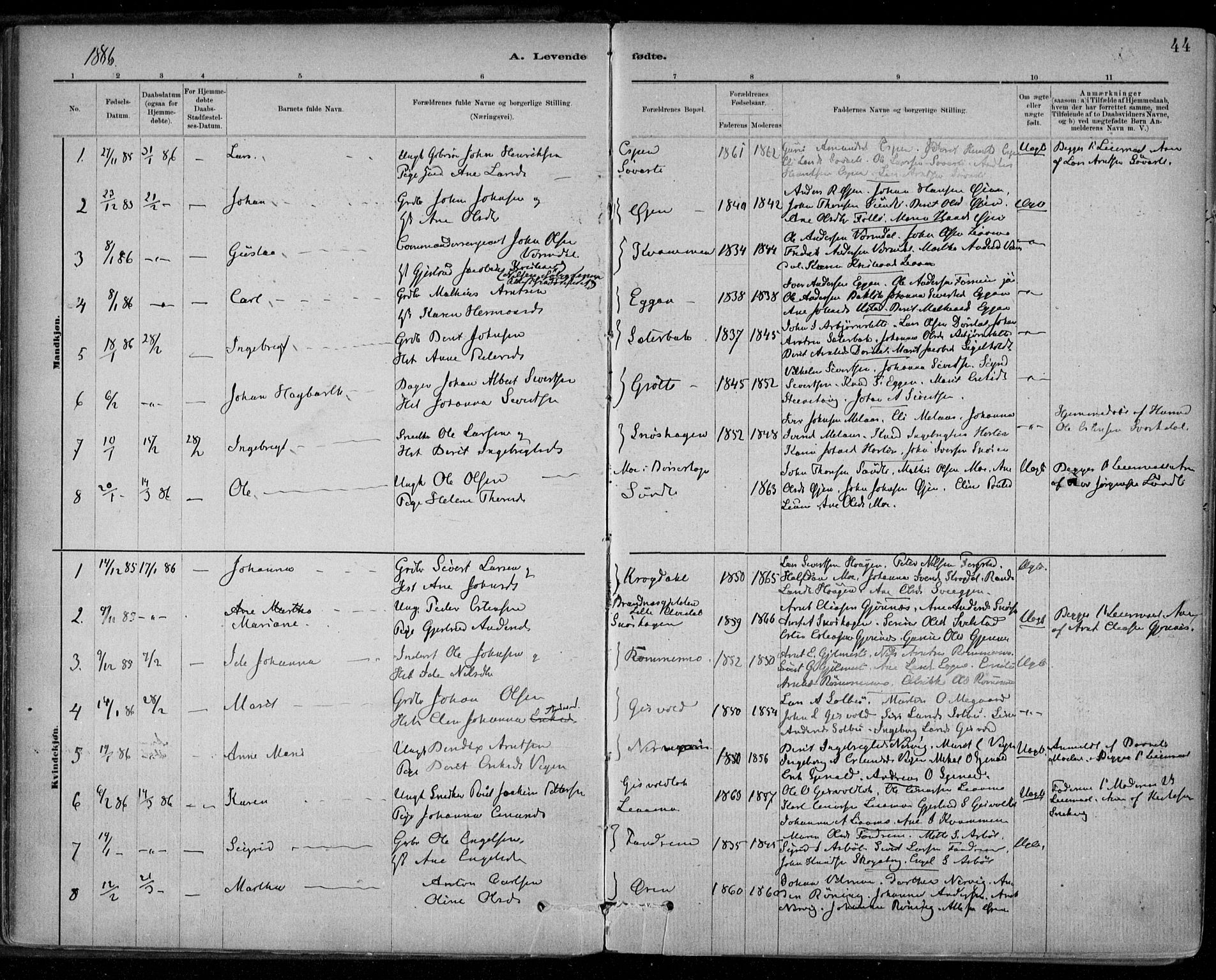 Ministerialprotokoller, klokkerbøker og fødselsregistre - Sør-Trøndelag, SAT/A-1456/668/L0809: Parish register (official) no. 668A09, 1881-1895, p. 44