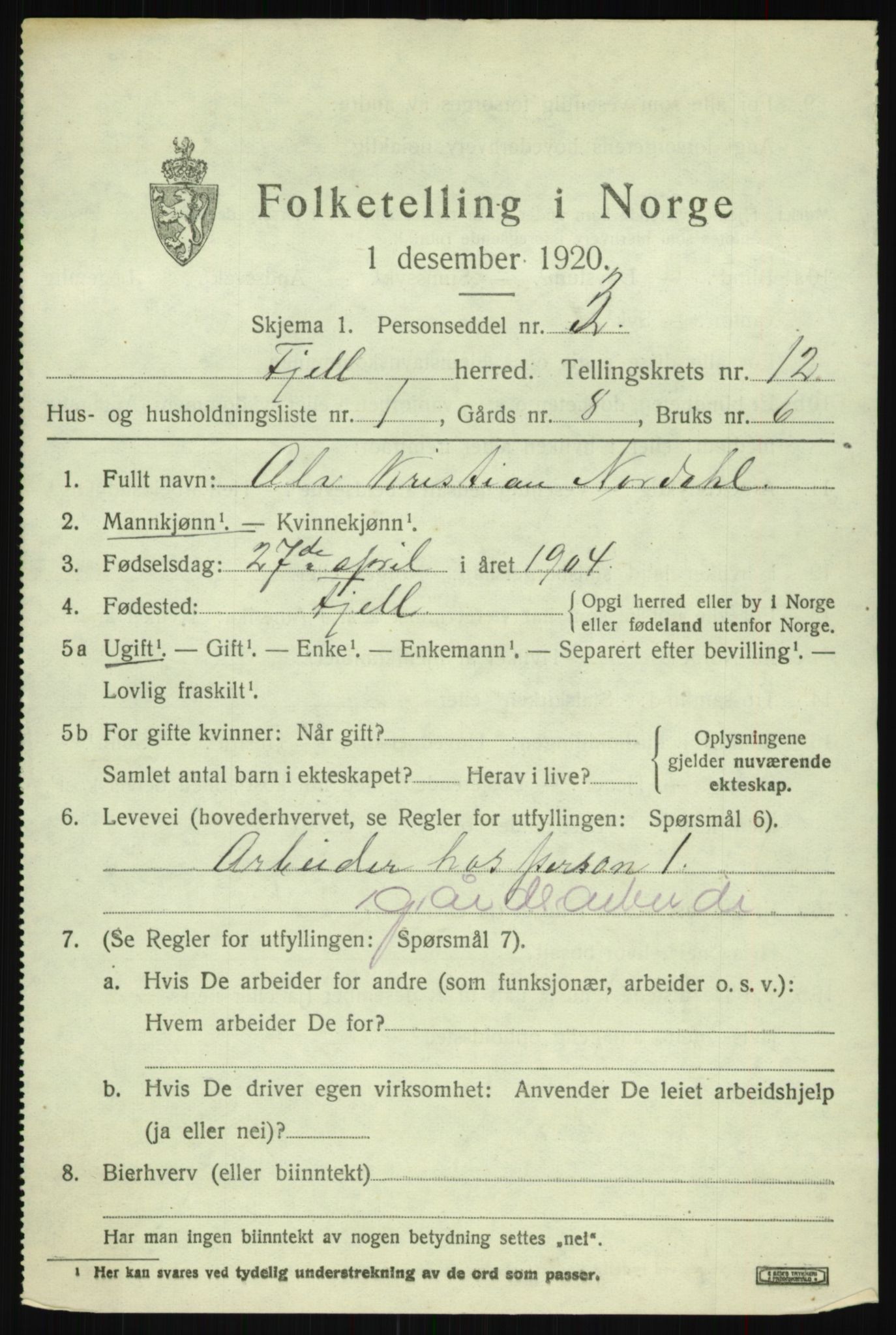 SAB, 1920 census for Fjell, 1920, p. 10624