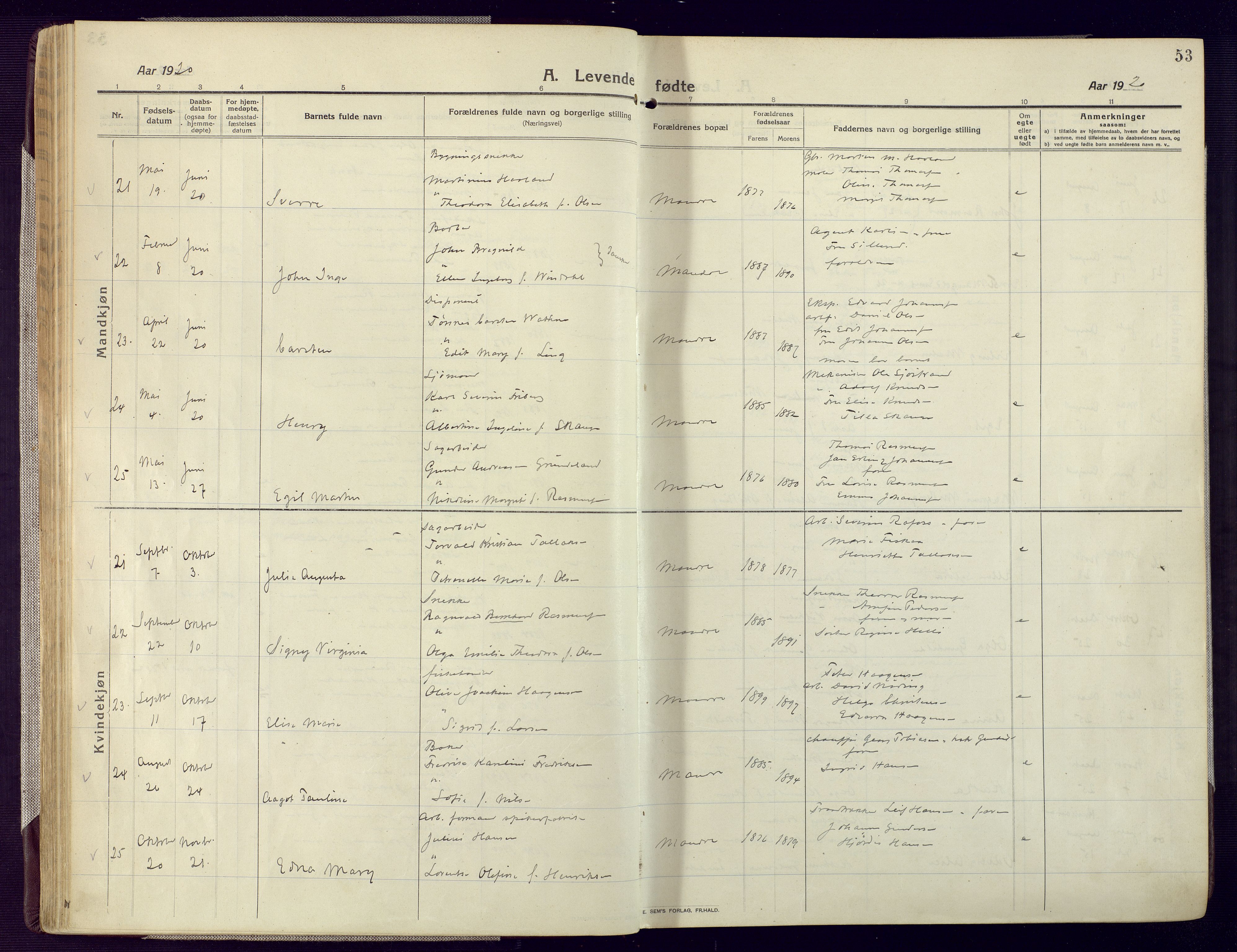 Mandal sokneprestkontor, AV/SAK-1111-0030/F/Fa/Fac/L0001: Parish register (official) no. A 1, 1913-1925, p. 53