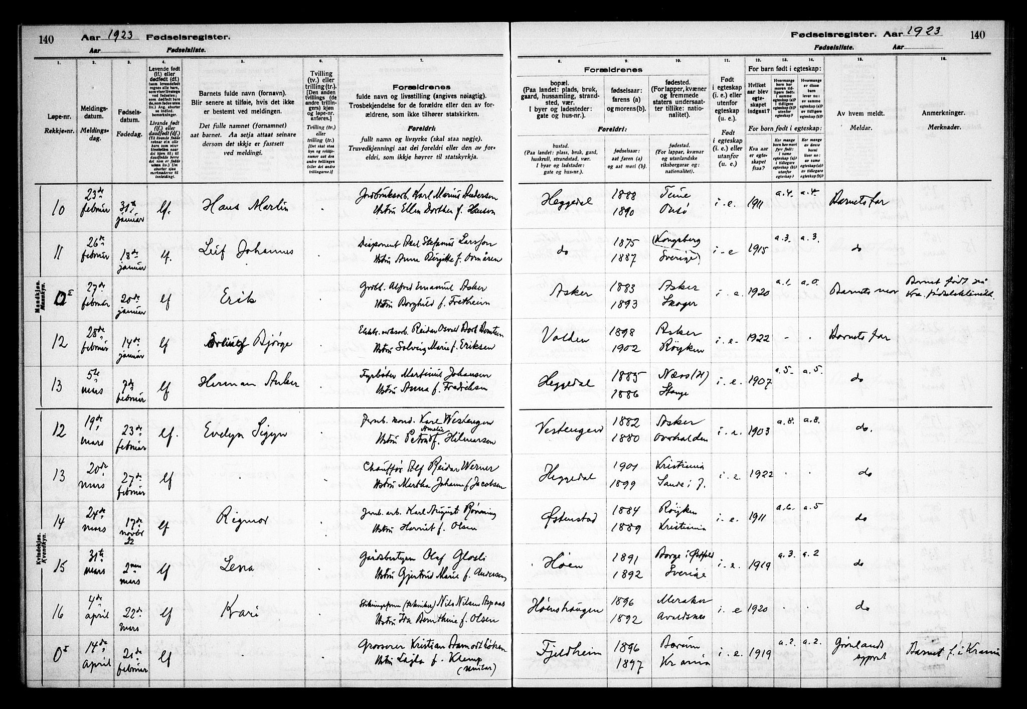 Asker prestekontor Kirkebøker, AV/SAO-A-10256a/J/L0001: Birth register no. 1, 1916-1925, p. 140