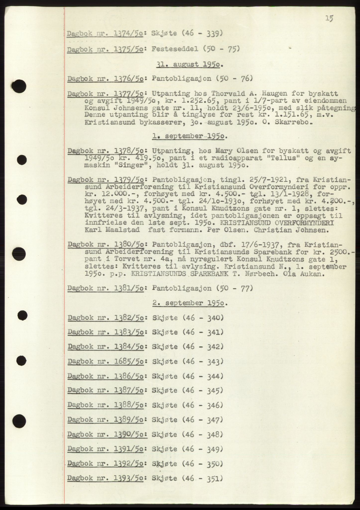 Kristiansund byfogd, AV/SAT-A-4587/A/27: Mortgage book no. 49, 1950-1950, Deed date: 31.08.1950