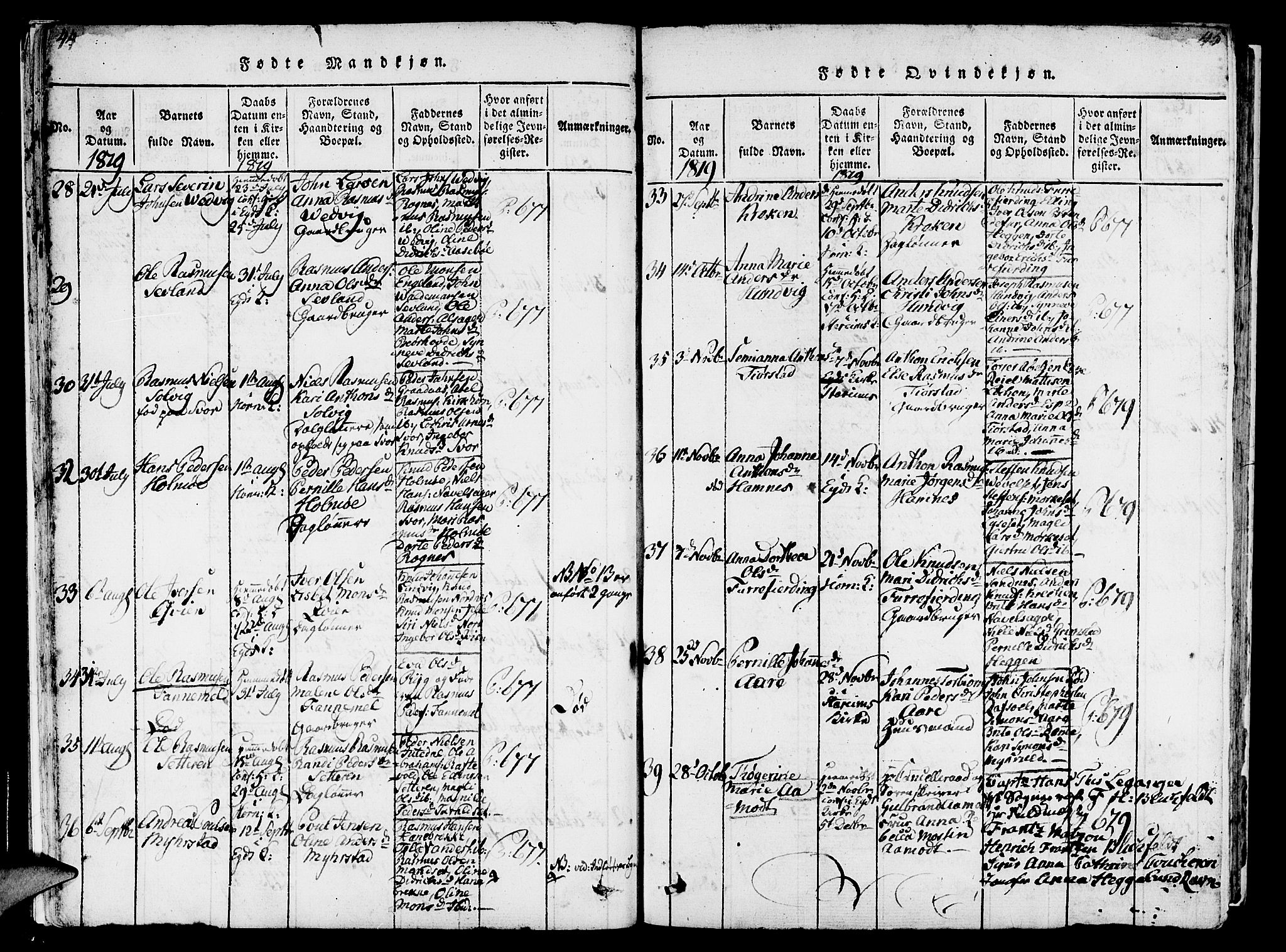 Eid sokneprestembete, AV/SAB-A-82301/H/Haa/Haaa/L0005: Parish register (official) no. A 5, 1816-1830, p. 44-45