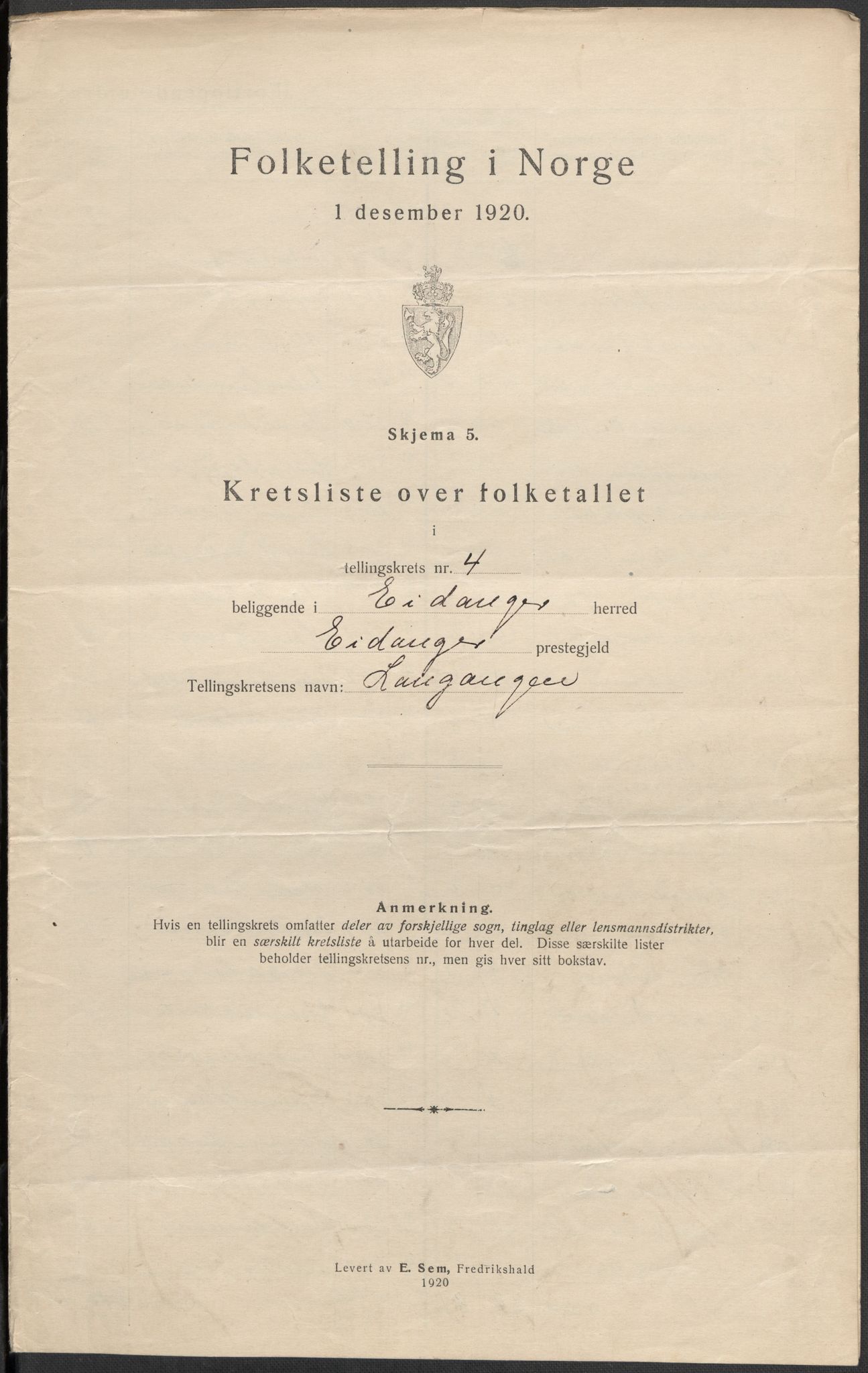 SAKO, 1920 census for Eidanger, 1920, p. 16