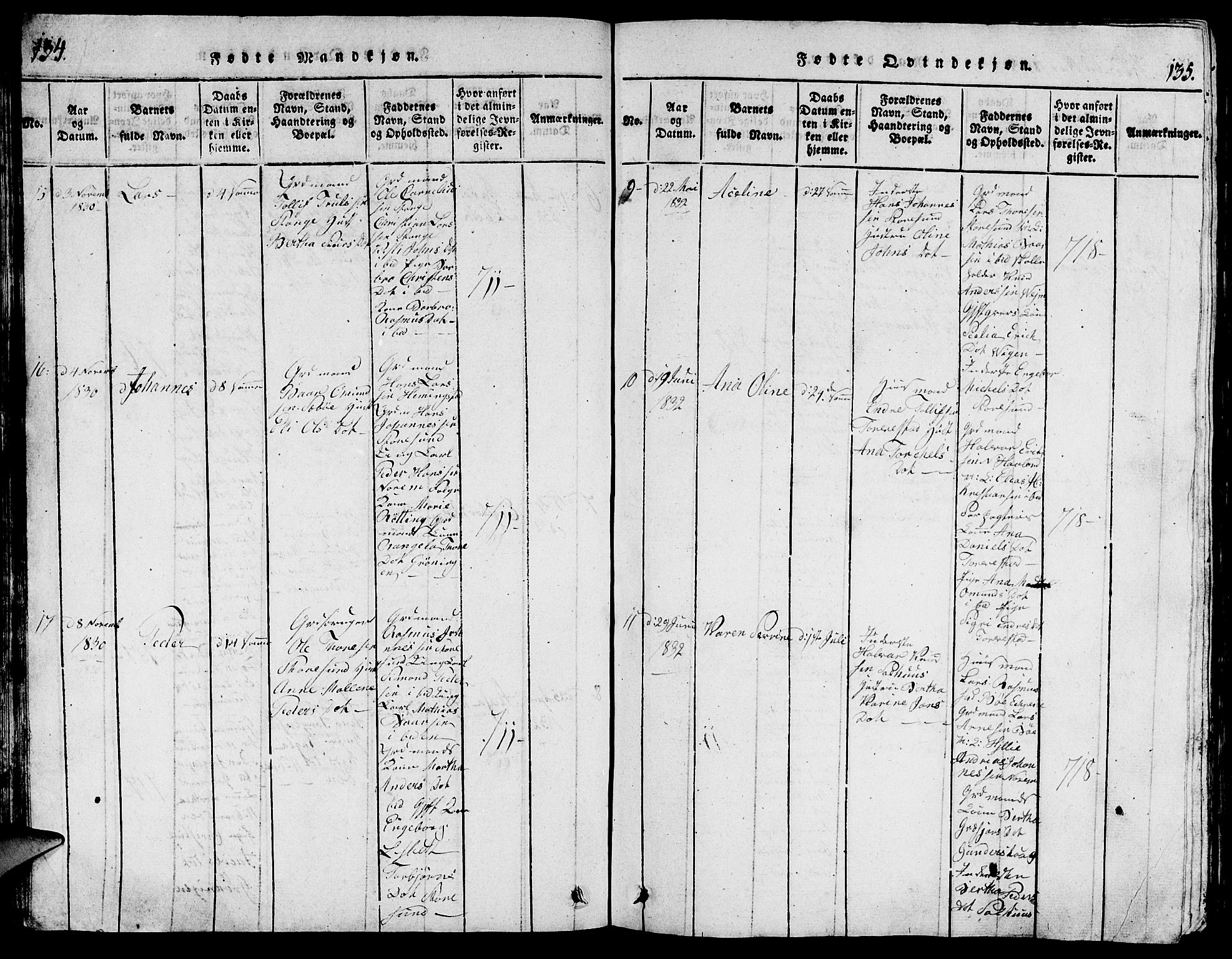 Torvastad sokneprestkontor, AV/SAST-A -101857/H/Ha/Hab/L0001: Parish register (copy) no. B 1 /1, 1817-1835, p. 134-135