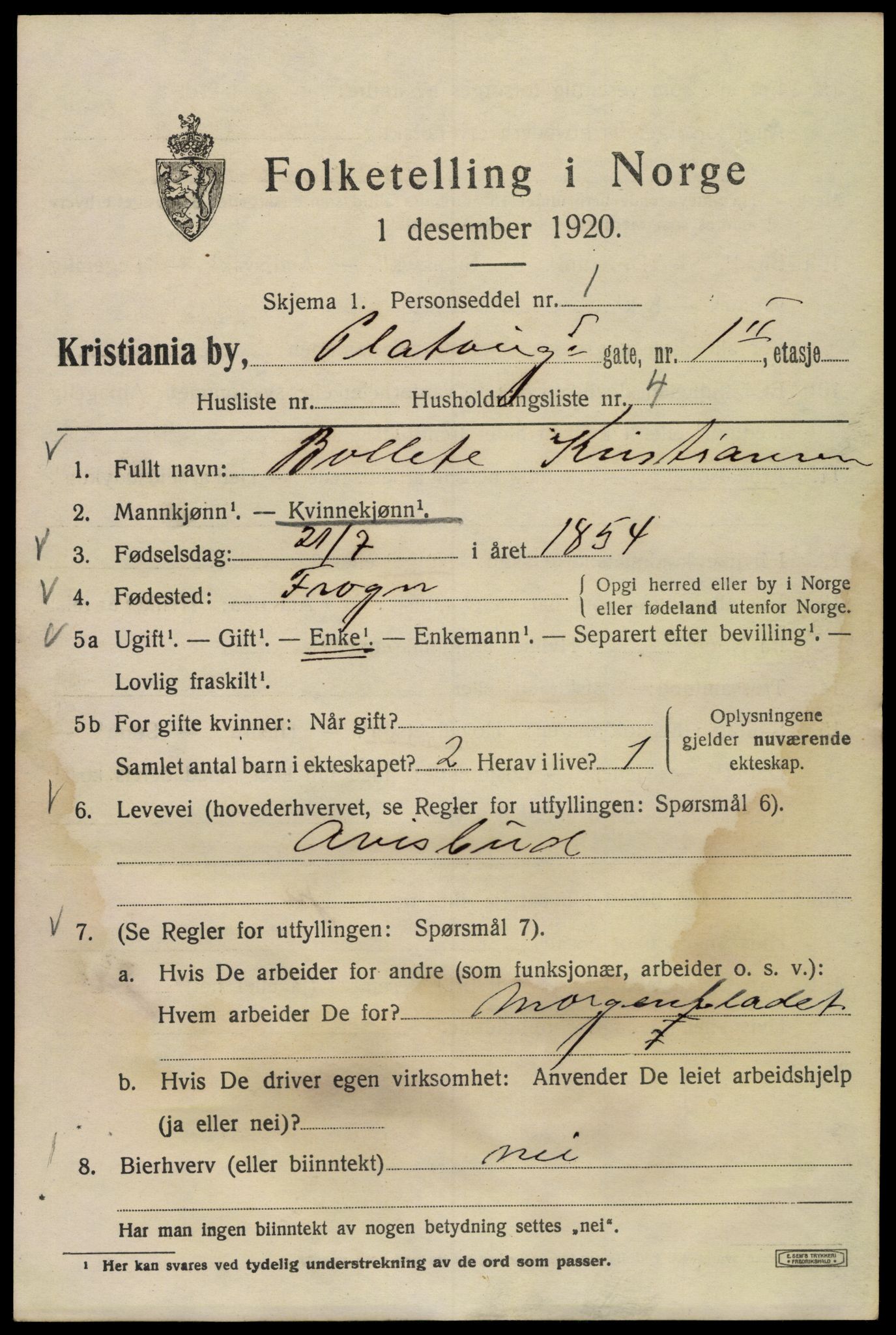 SAO, 1920 census for Kristiania, 1920, p. 453223