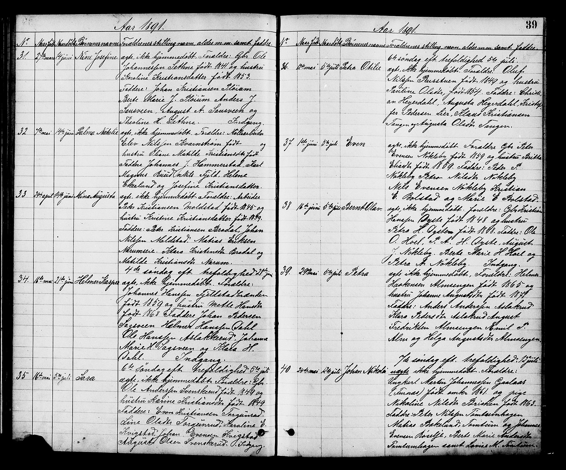 Vestre Toten prestekontor, AV/SAH-PREST-108/H/Ha/Hab/L0008: Parish register (copy) no. 8, 1885-1900, p. 39