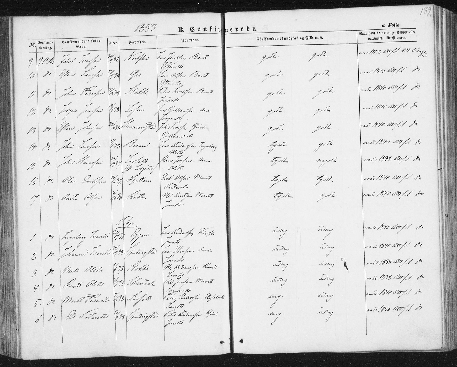 Ministerialprotokoller, klokkerbøker og fødselsregistre - Sør-Trøndelag, SAT/A-1456/691/L1076: Parish register (official) no. 691A08, 1852-1861, p. 189