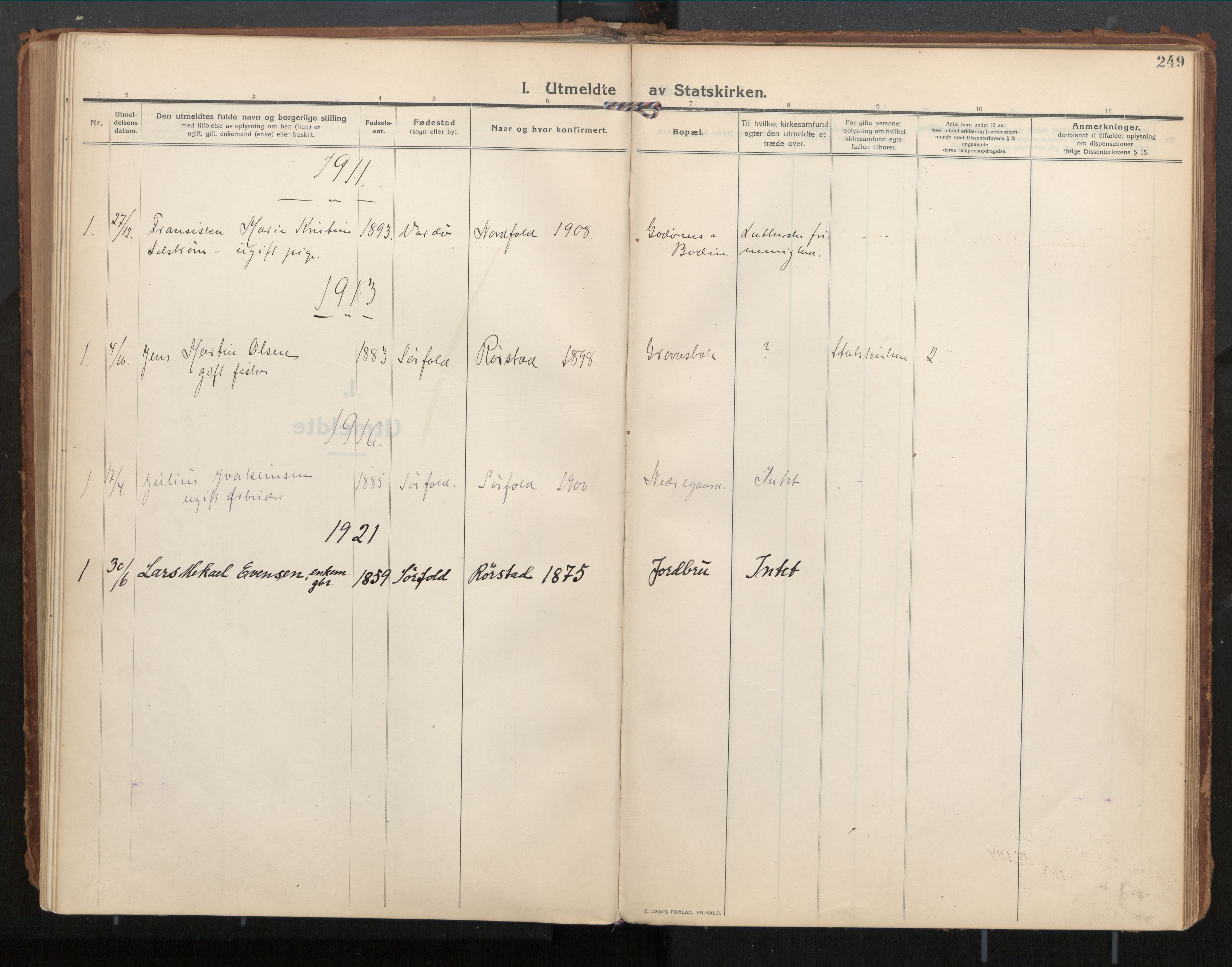 Ministerialprotokoller, klokkerbøker og fødselsregistre - Nordland, AV/SAT-A-1459/854/L0784: Parish register (official) no. 854A07, 1910-1922, p. 249