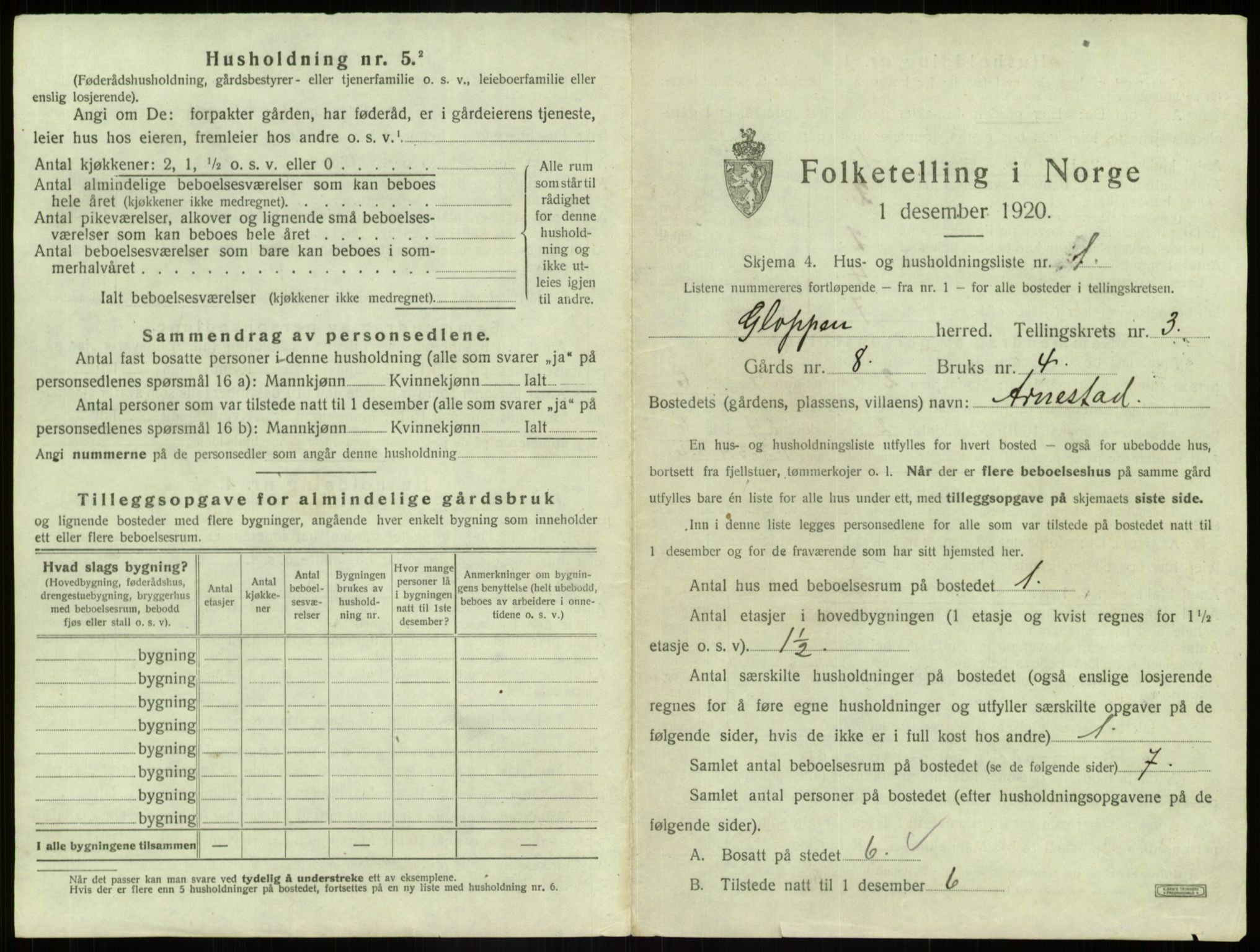 SAB, 1920 census for Gloppen, 1920, p. 155
