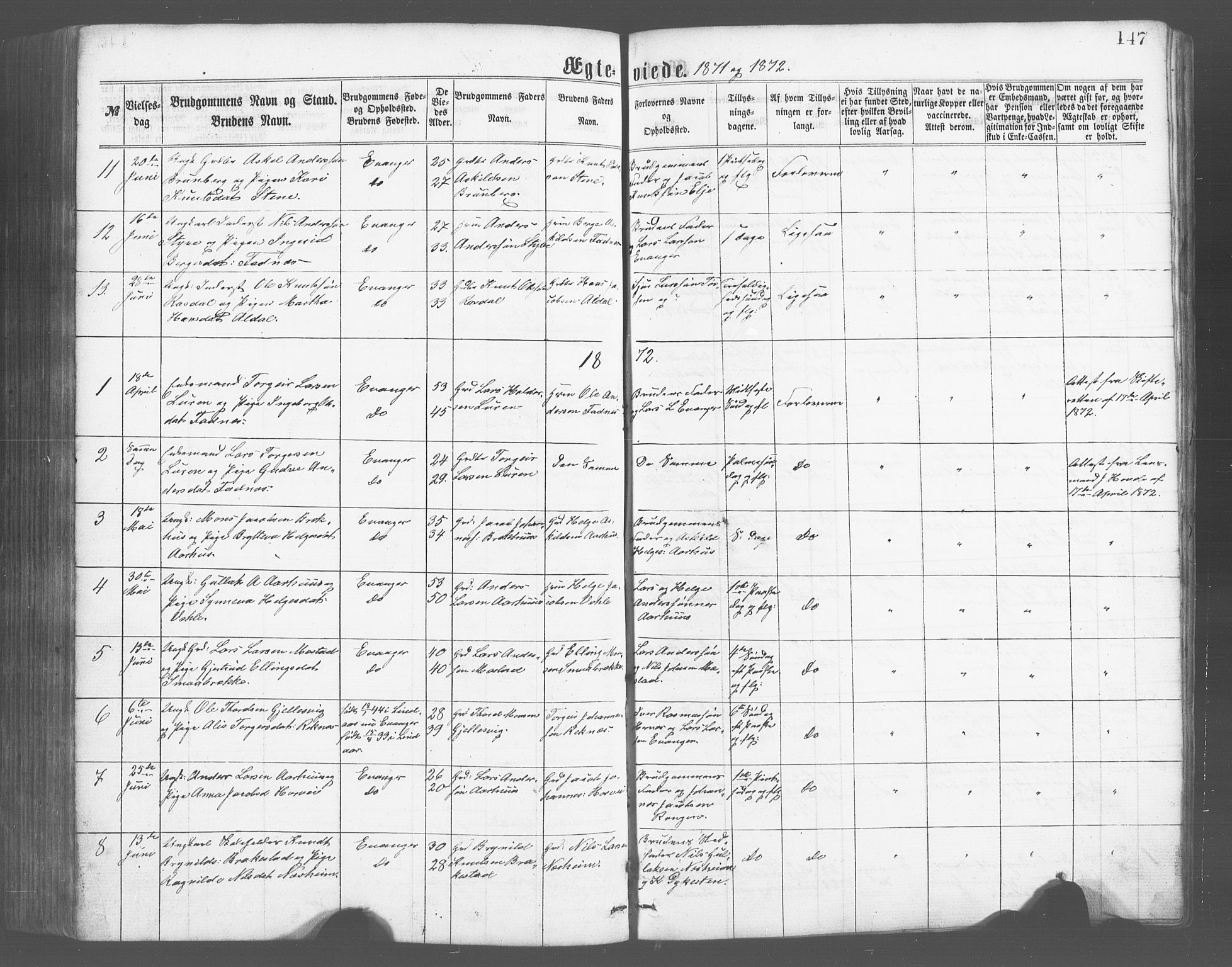 Evanger sokneprestembete, SAB/A-99924: Parish register (copy) no. A 2, 1863-1879, p. 147
