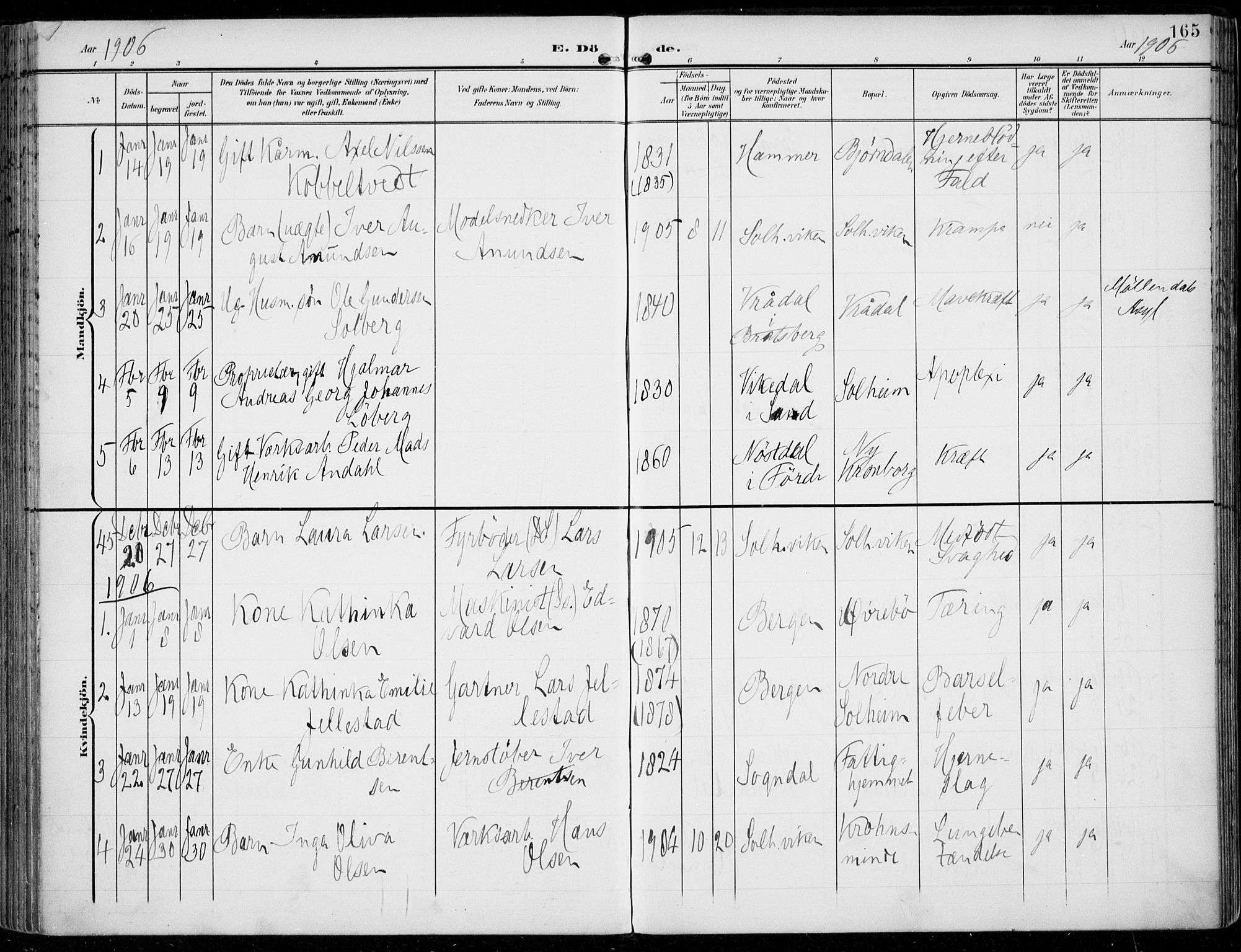 Årstad Sokneprestembete, SAB/A-79301/H/Haa/L0009: Parish register (official) no. C 1, 1902-1918, p. 165