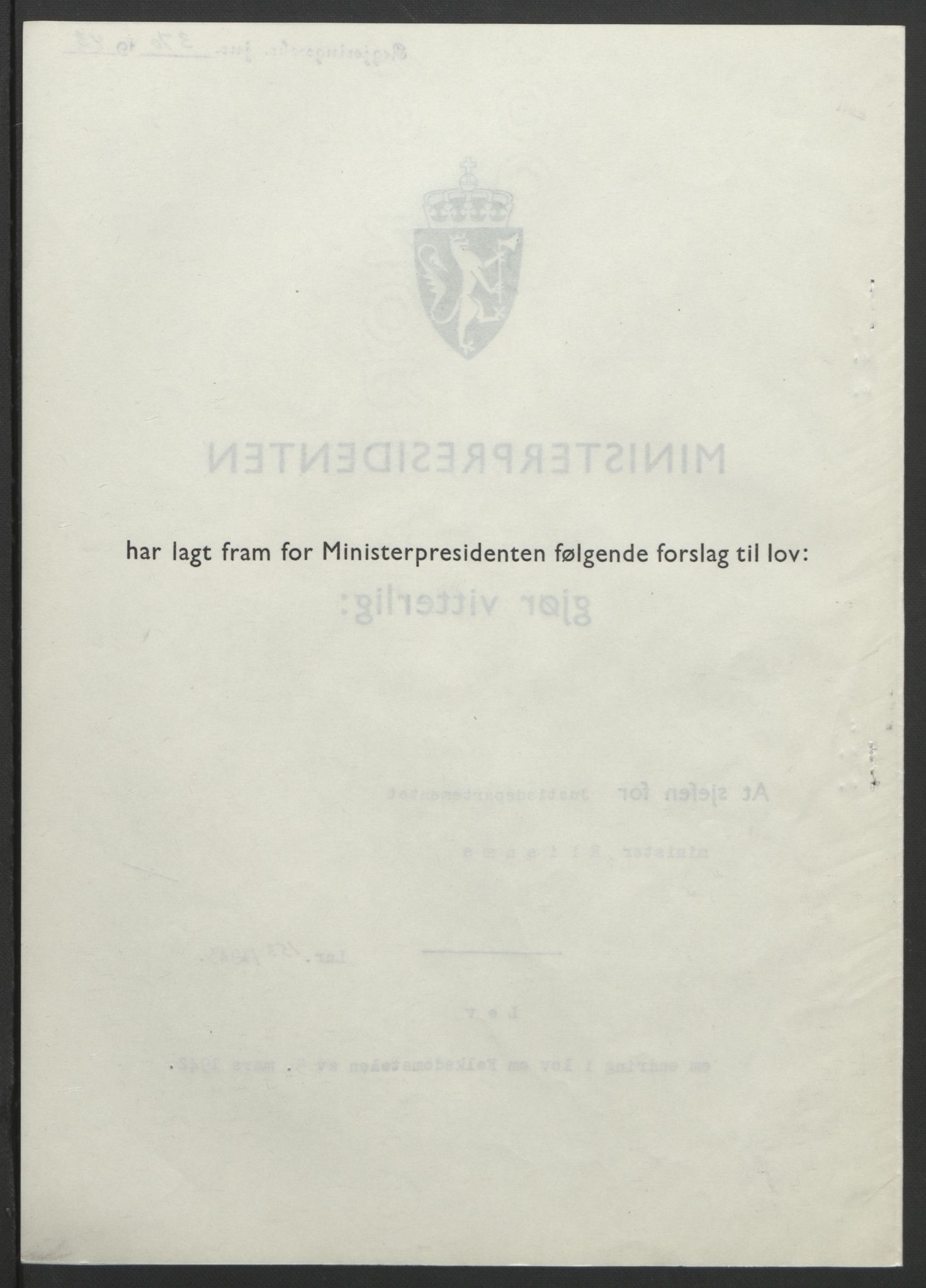 NS-administrasjonen 1940-1945 (Statsrådsekretariatet, de kommisariske statsråder mm), AV/RA-S-4279/D/Db/L0099: Lover, 1943, p. 728