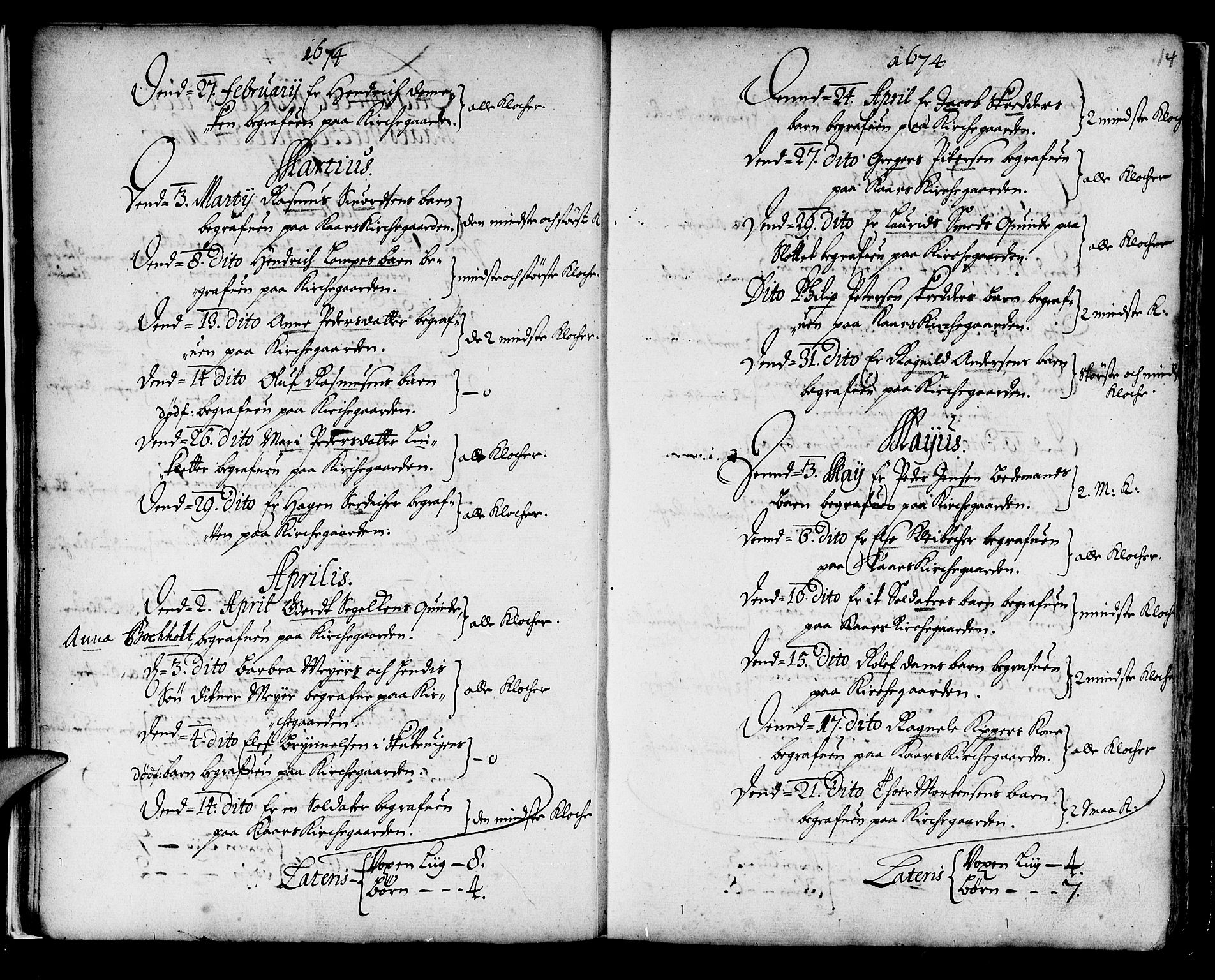Korskirken sokneprestembete, SAB/A-76101/H/Haa/L0001: Parish register (official) no. A 1, 1674-1688, p. 14