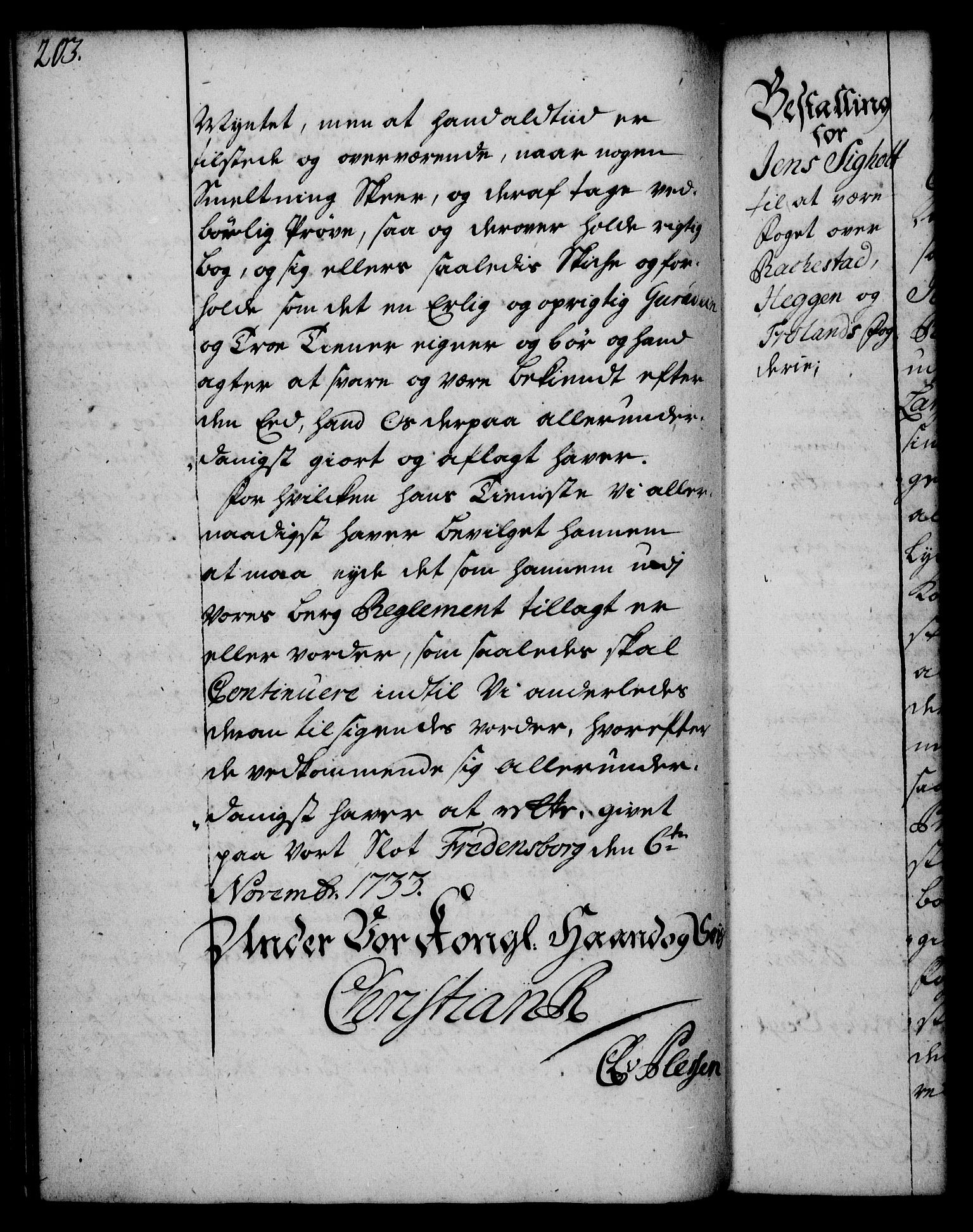 Rentekammeret, Kammerkanselliet, RA/EA-3111/G/Gg/Gge/L0002: Norsk bestallingsprotokoll med register (merket RK 53.26), 1730-1744, p. 203
