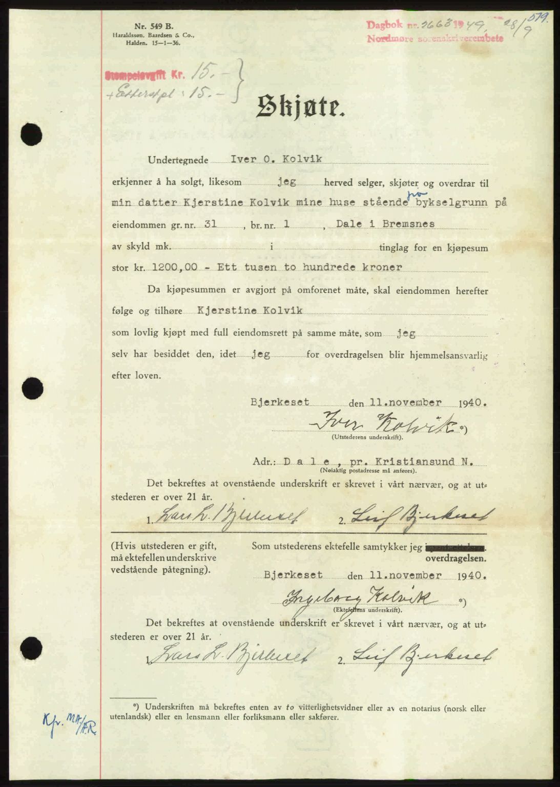 Nordmøre sorenskriveri, AV/SAT-A-4132/1/2/2Ca: Mortgage book no. A112, 1949-1949, Diary no: : 2663/1949