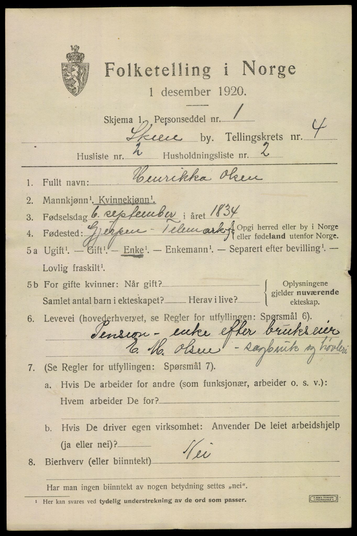 SAKO, 1920 census for Skien, 1920, p. 16836