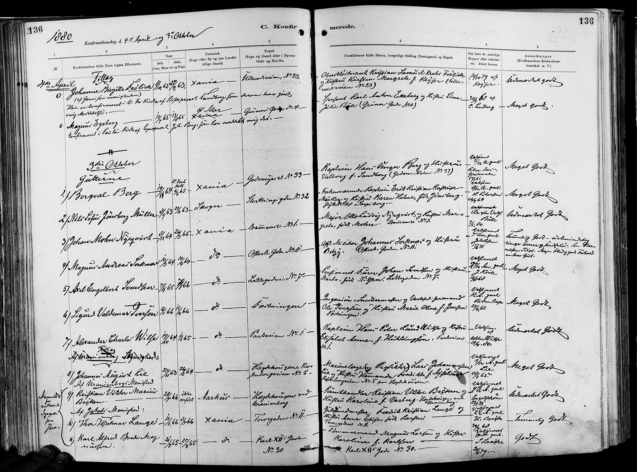 Garnisonsmenigheten Kirkebøker, AV/SAO-A-10846/F/Fa/L0012: Parish register (official) no. 12, 1880-1893, p. 136