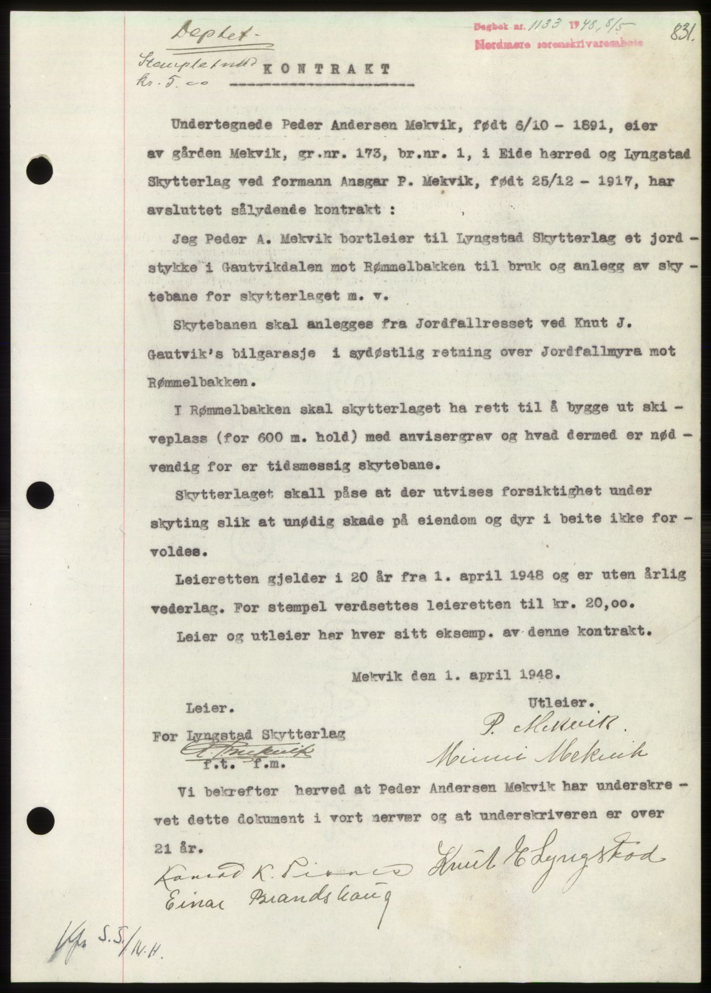 Nordmøre sorenskriveri, AV/SAT-A-4132/1/2/2Ca: Mortgage book no. B98, 1948-1948, Diary no: : 1133/1948