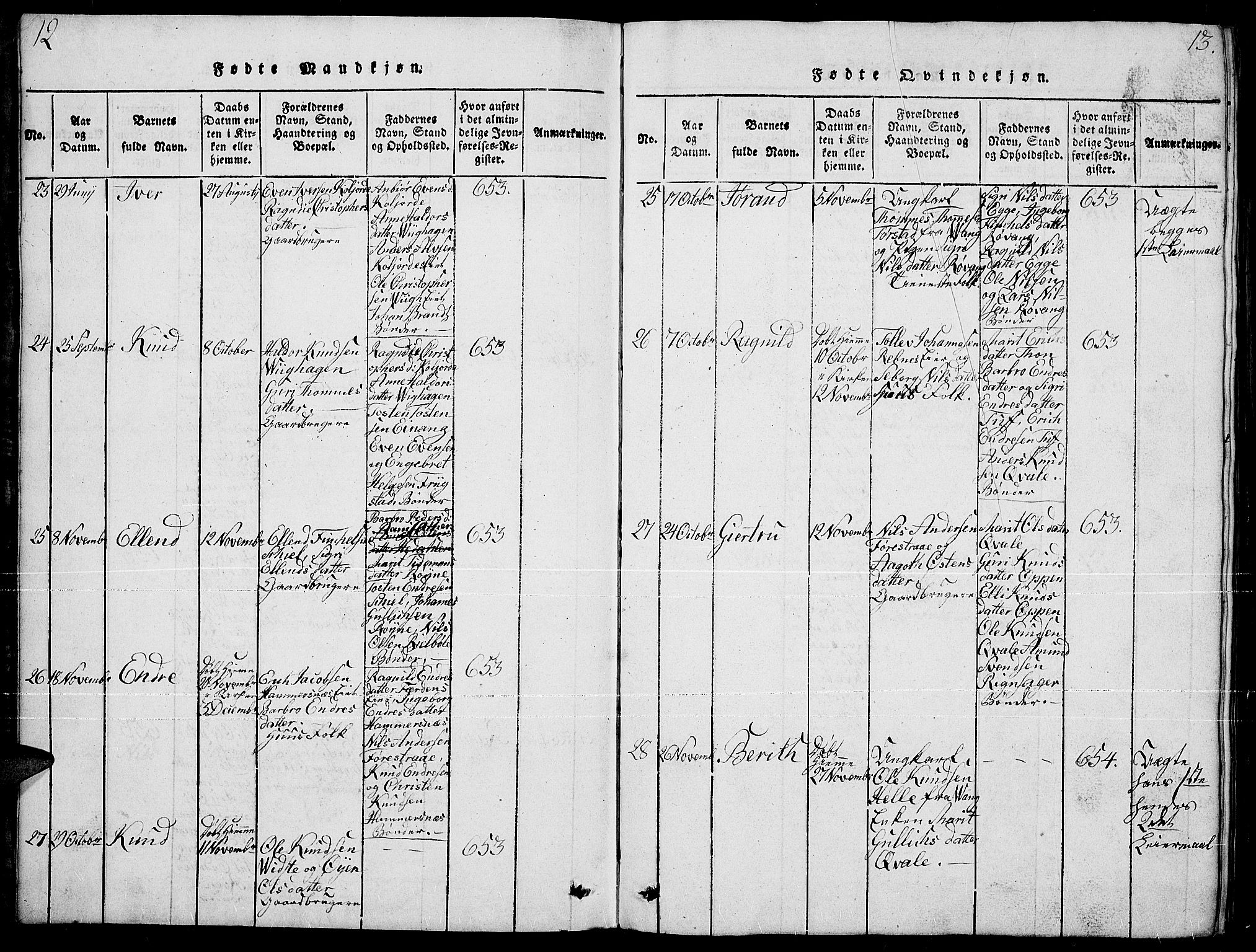 Slidre prestekontor, AV/SAH-PREST-134/H/Ha/Hab/L0001: Parish register (copy) no. 1, 1814-1838, p. 12-13