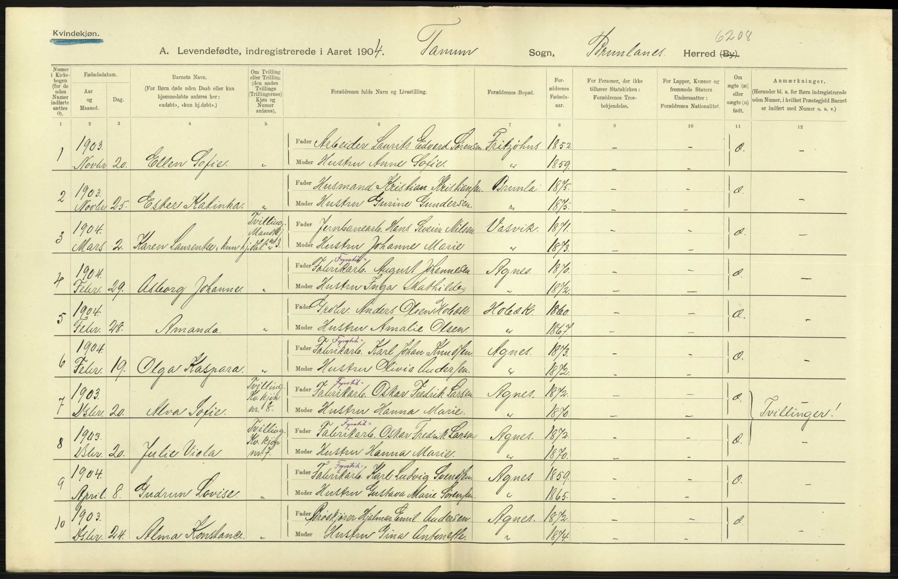 Statistisk sentralbyrå, Sosiodemografiske emner, Befolkning, AV/RA-S-2228/D/Df/Dfa/Dfab/L0008: Jarlsberg og Larvig amt: Fødte, gifte, døde, 1904, p. 59