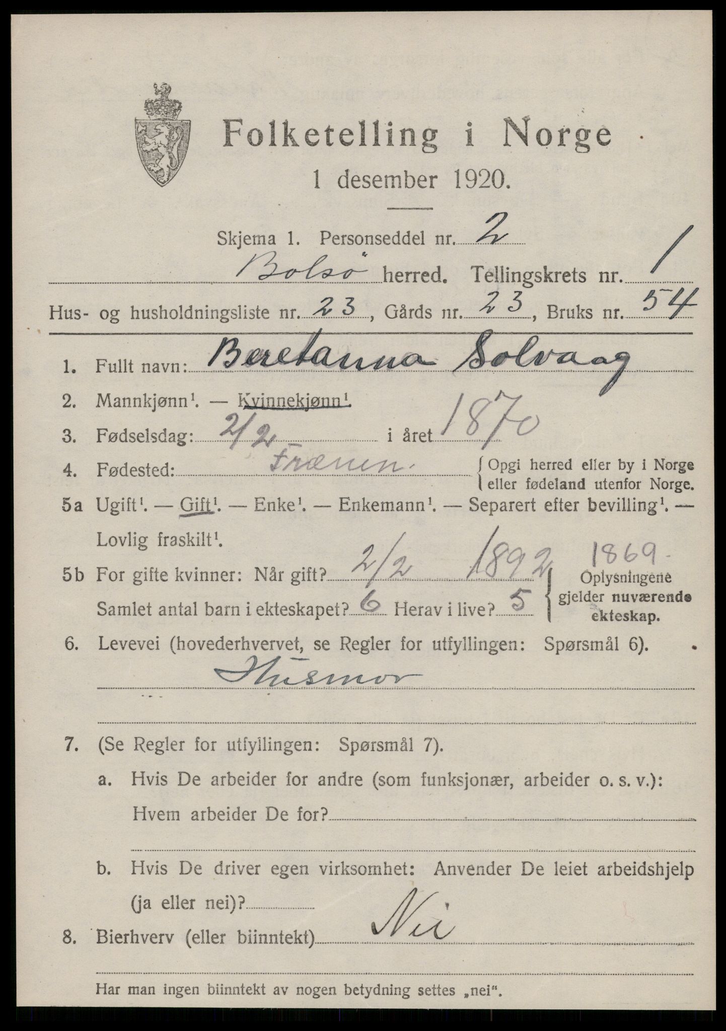 SAT, 1920 census for Bolsøy, 1920, p. 1877