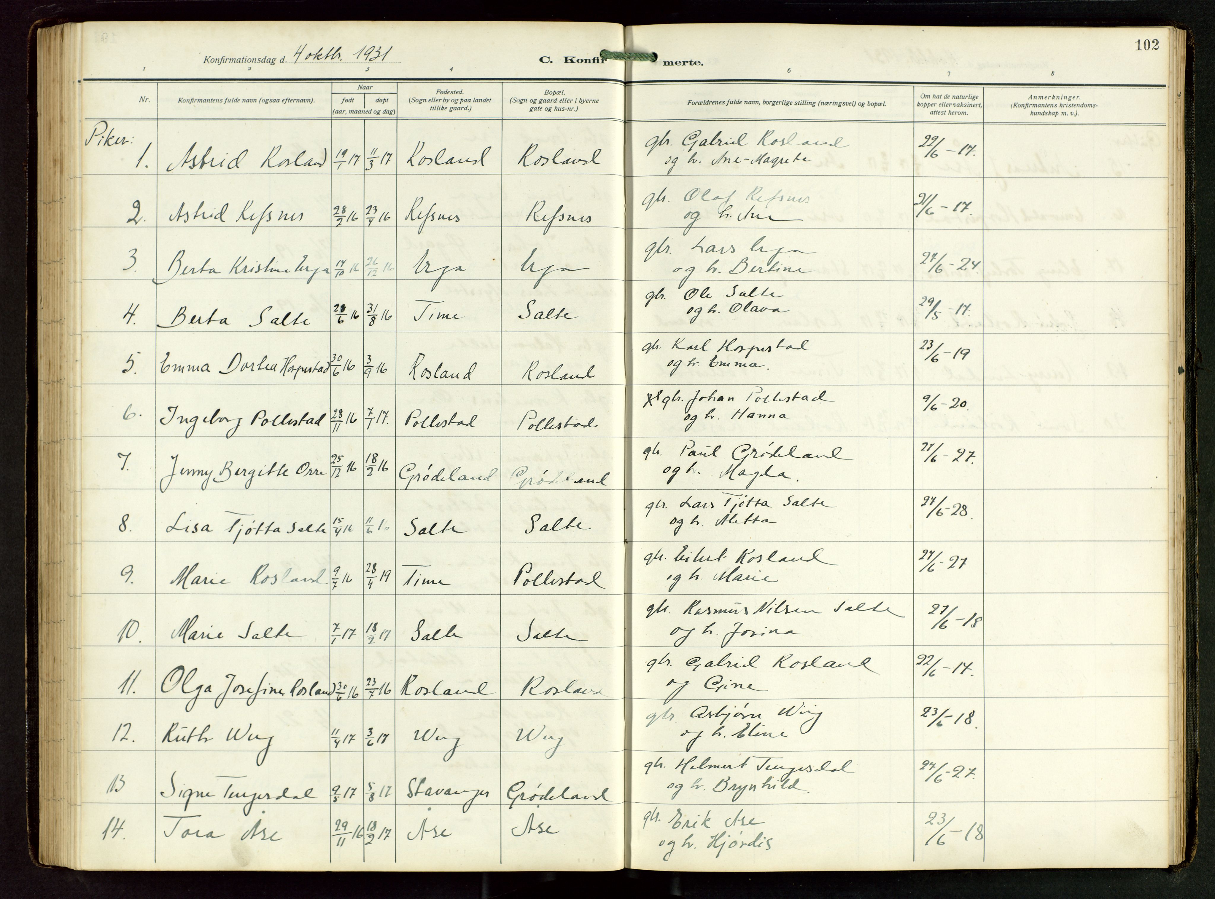 Klepp sokneprestkontor, SAST/A-101803/001/3/30BB/L0008: Parish register (copy) no. B 8, 1918-1949, p. 102