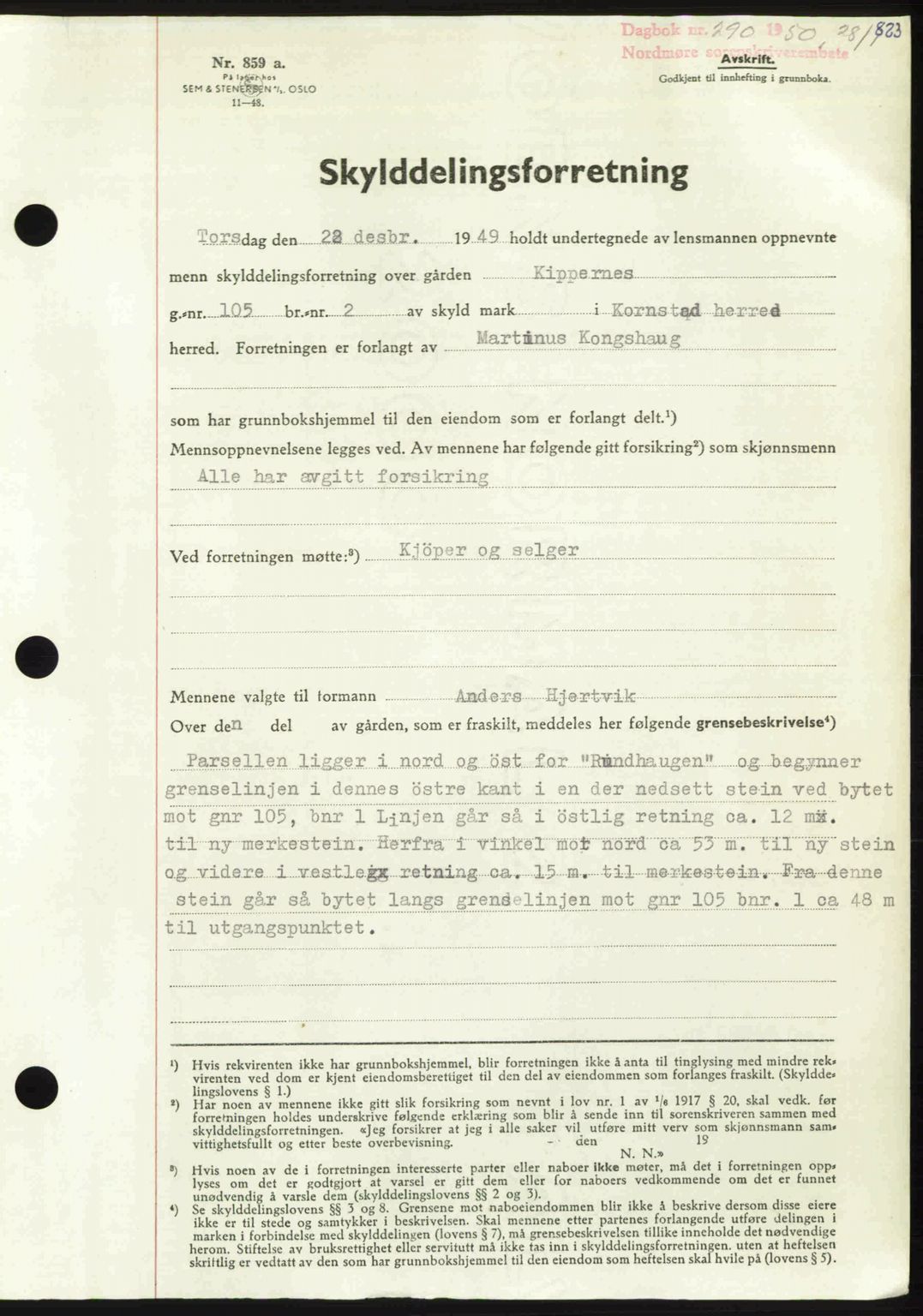 Nordmøre sorenskriveri, AV/SAT-A-4132/1/2/2Ca: Mortgage book no. A113, 1949-1950, Diary no: : 290/1950