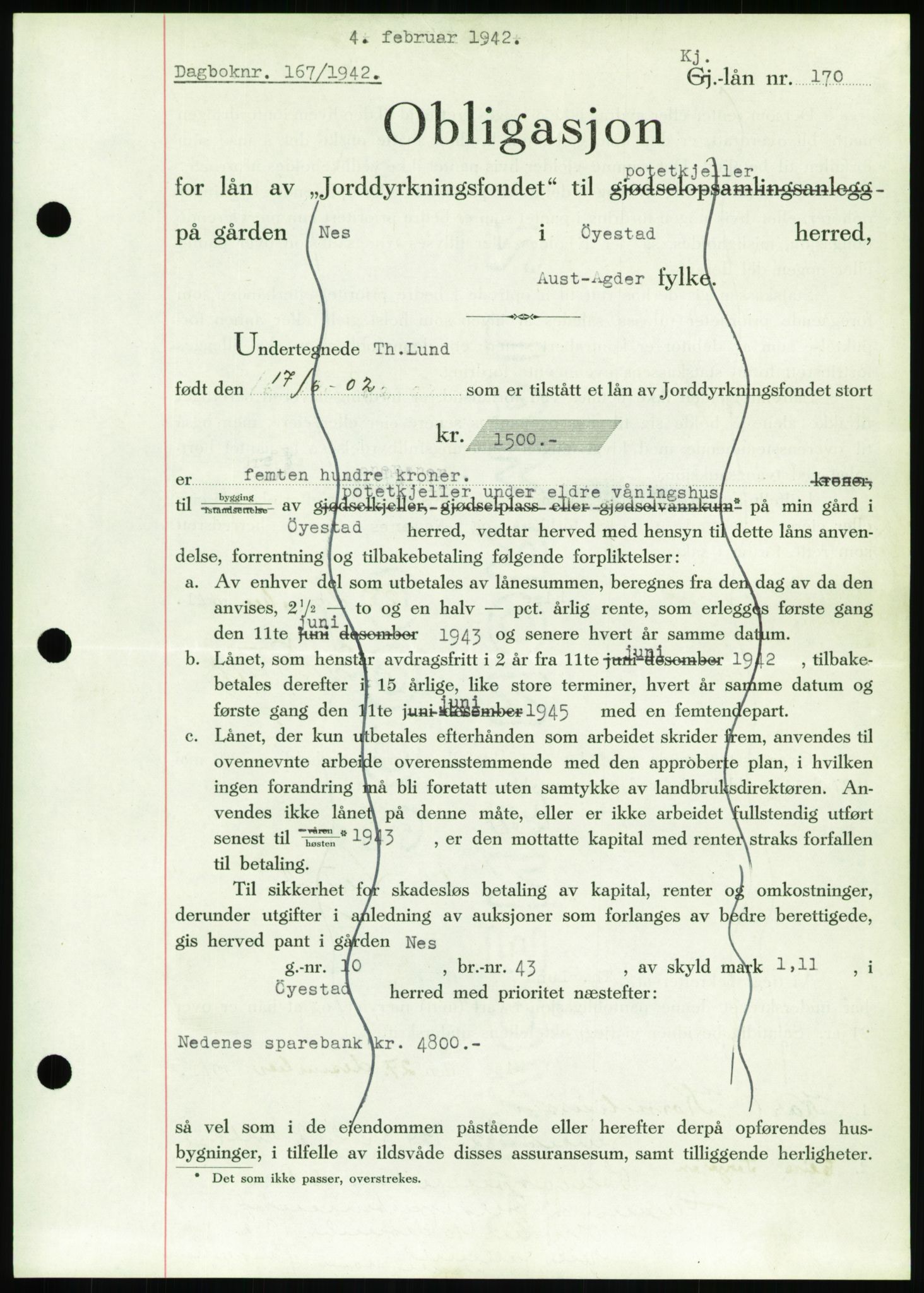 Nedenes sorenskriveri, AV/SAK-1221-0006/G/Gb/Gbb/L0001: Mortgage book no. I, 1939-1942, Diary no: : 167/1942