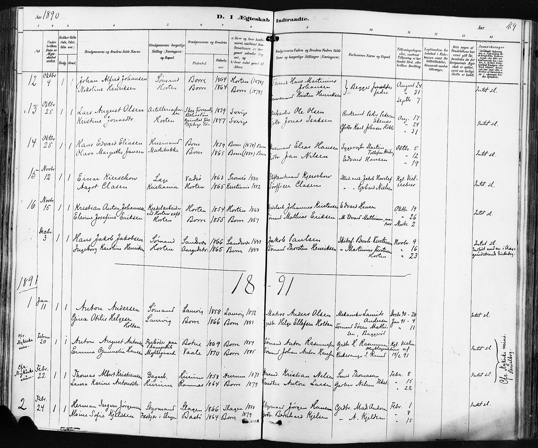 Borre kirkebøker, SAKO/A-338/F/Fa/L0009: Parish register (official) no. I 9, 1878-1896, p. 164