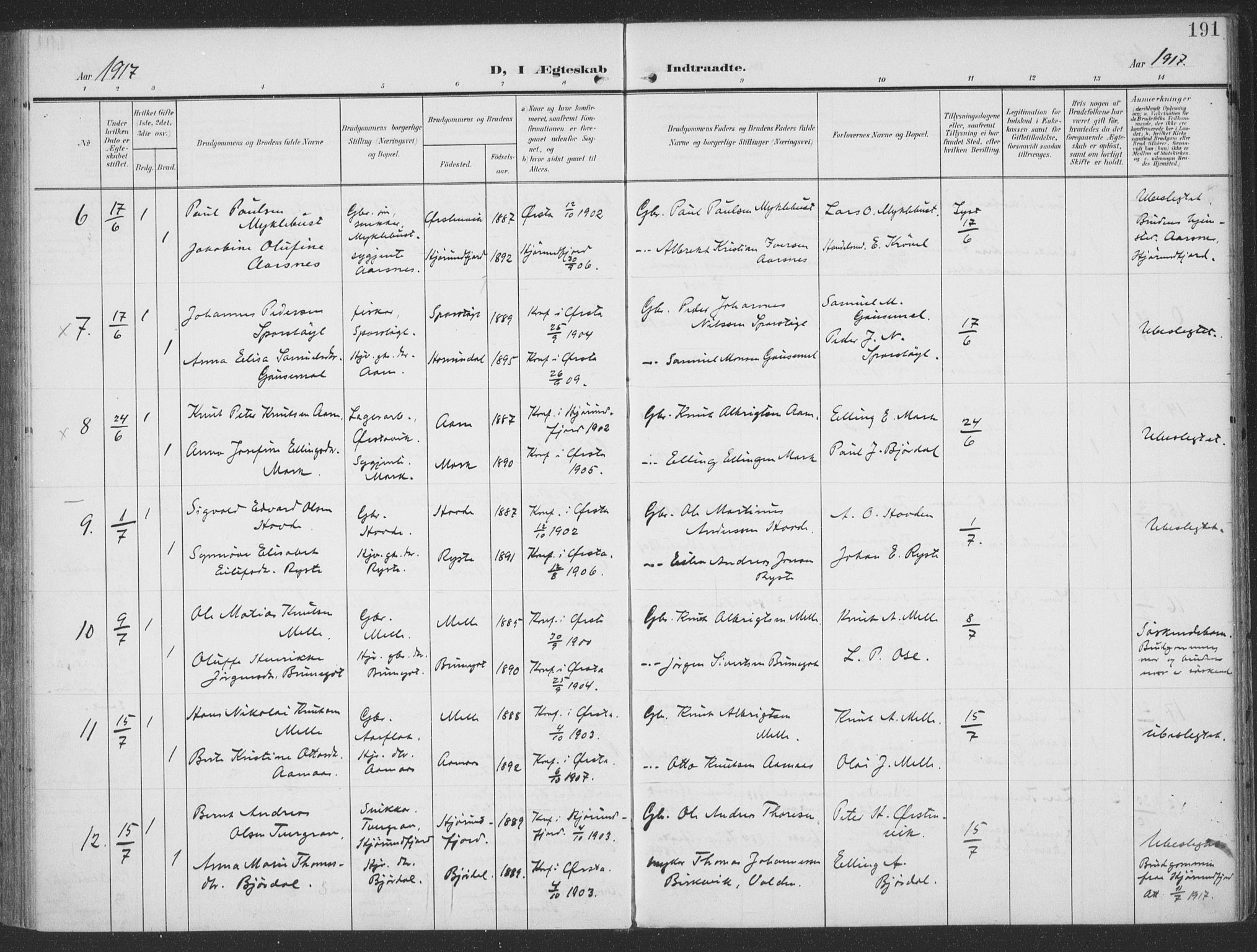 Ministerialprotokoller, klokkerbøker og fødselsregistre - Møre og Romsdal, SAT/A-1454/513/L0178: Parish register (official) no. 513A05, 1906-1919, p. 191
