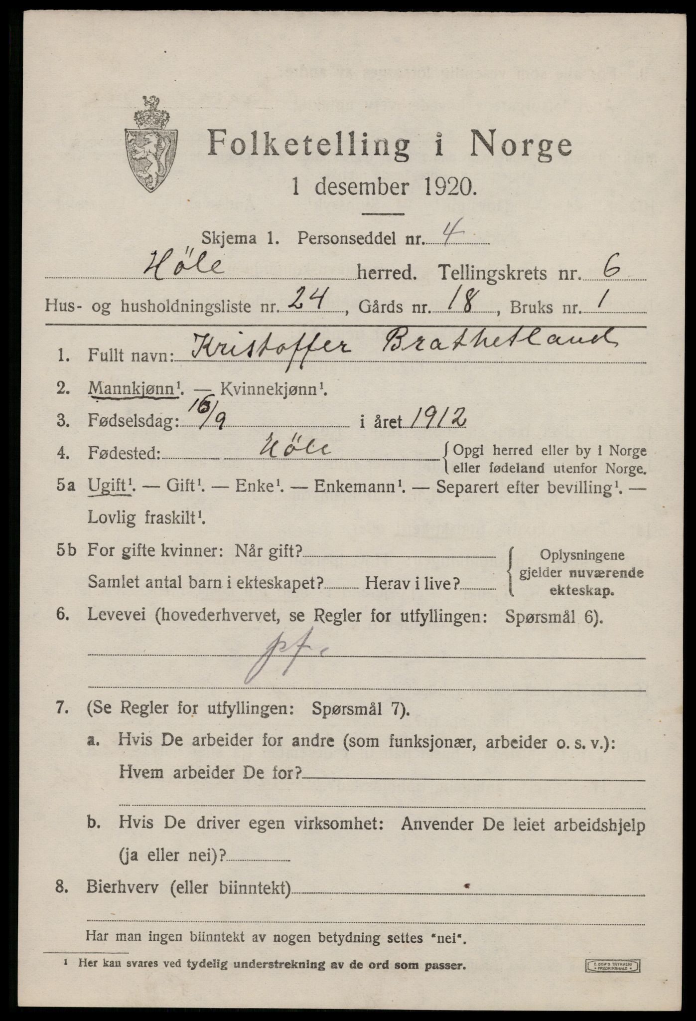 SAST, 1920 census for Høle, 1920, p. 2007