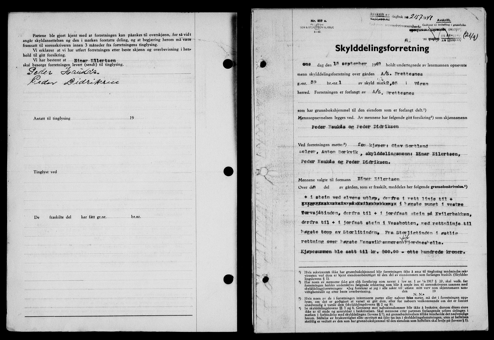 Lofoten sorenskriveri, SAT/A-0017/1/2/2C/L0019a: Mortgage book no. 19a, 1948-1948, Diary no: : 2157/1948