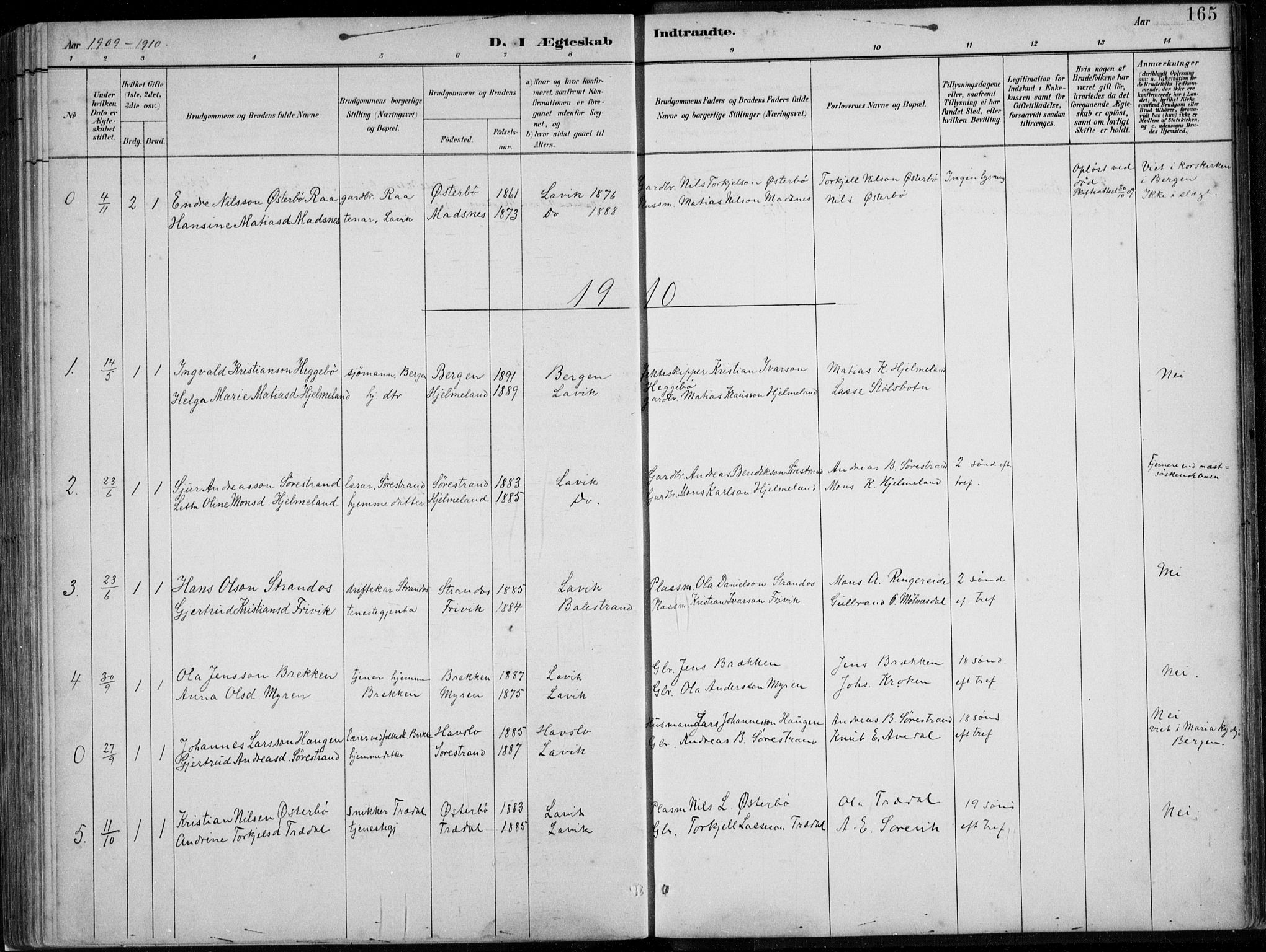 Lavik sokneprestembete, SAB/A-80901: Parish register (copy) no. A 2, 1882-1910, p. 165