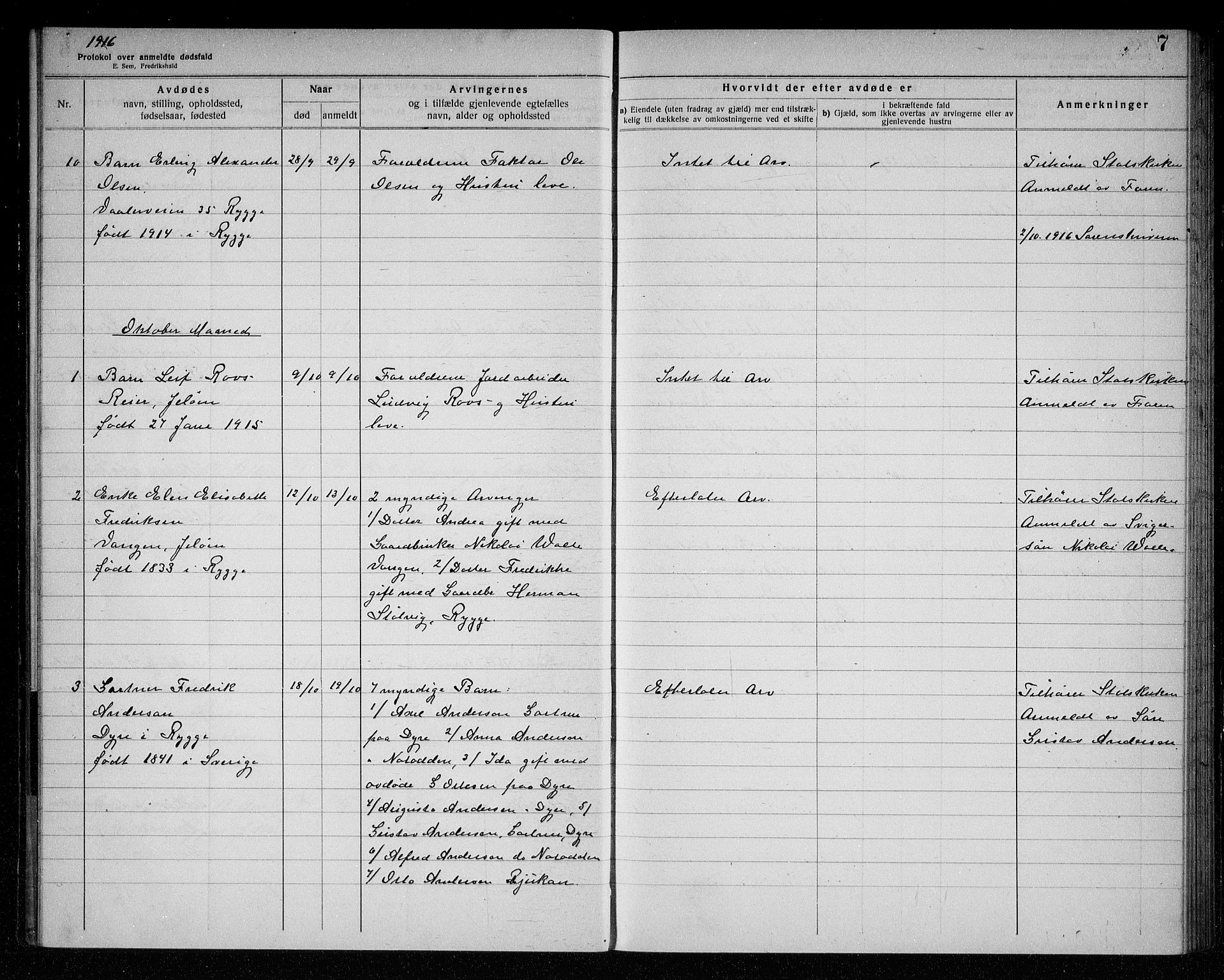 Rygge lensmannskontor, AV/SAO-A-10005/H/Ha/Haa/L0006: Dødsfallsprotokoll, 1916-1920, p. 7